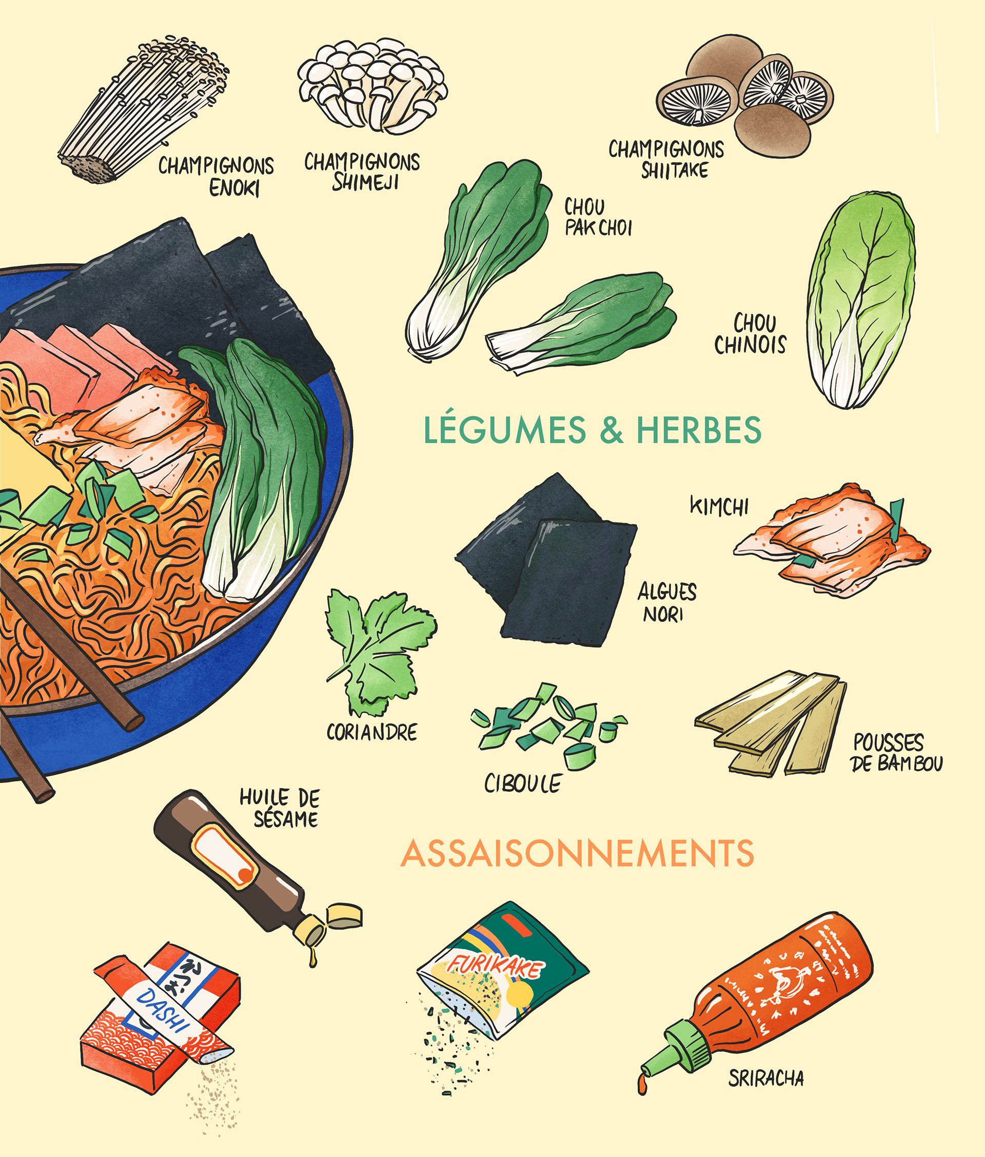Illustrations des ingrédients de type légumes & herbes et assaisonnements que l'on peut ajouter dans un plat de nouilles