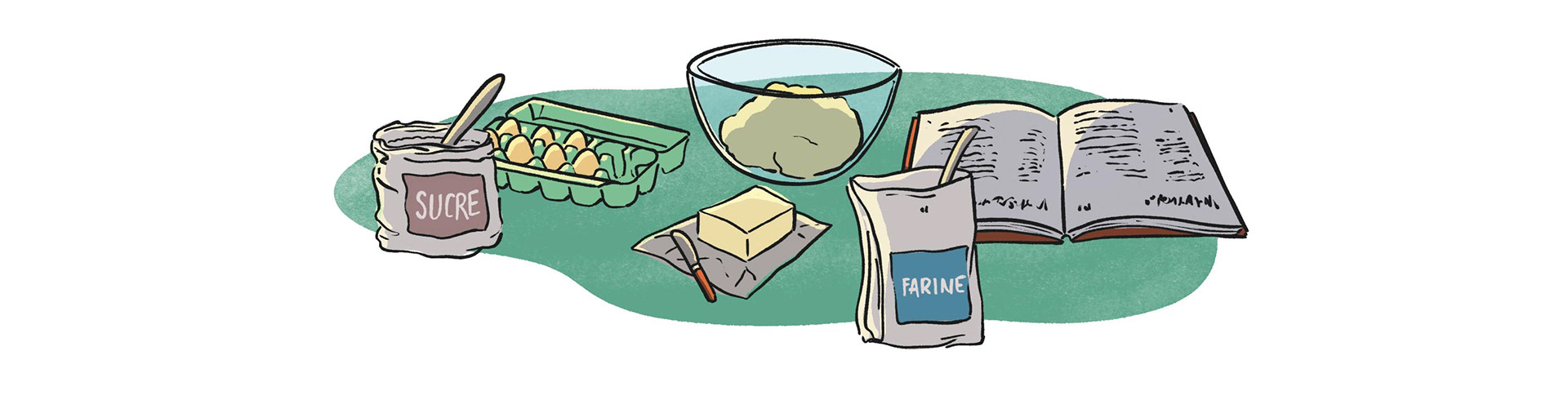 Illustration d'ingrédients de pâtisserie pour des affiches de prévention en orthophonie