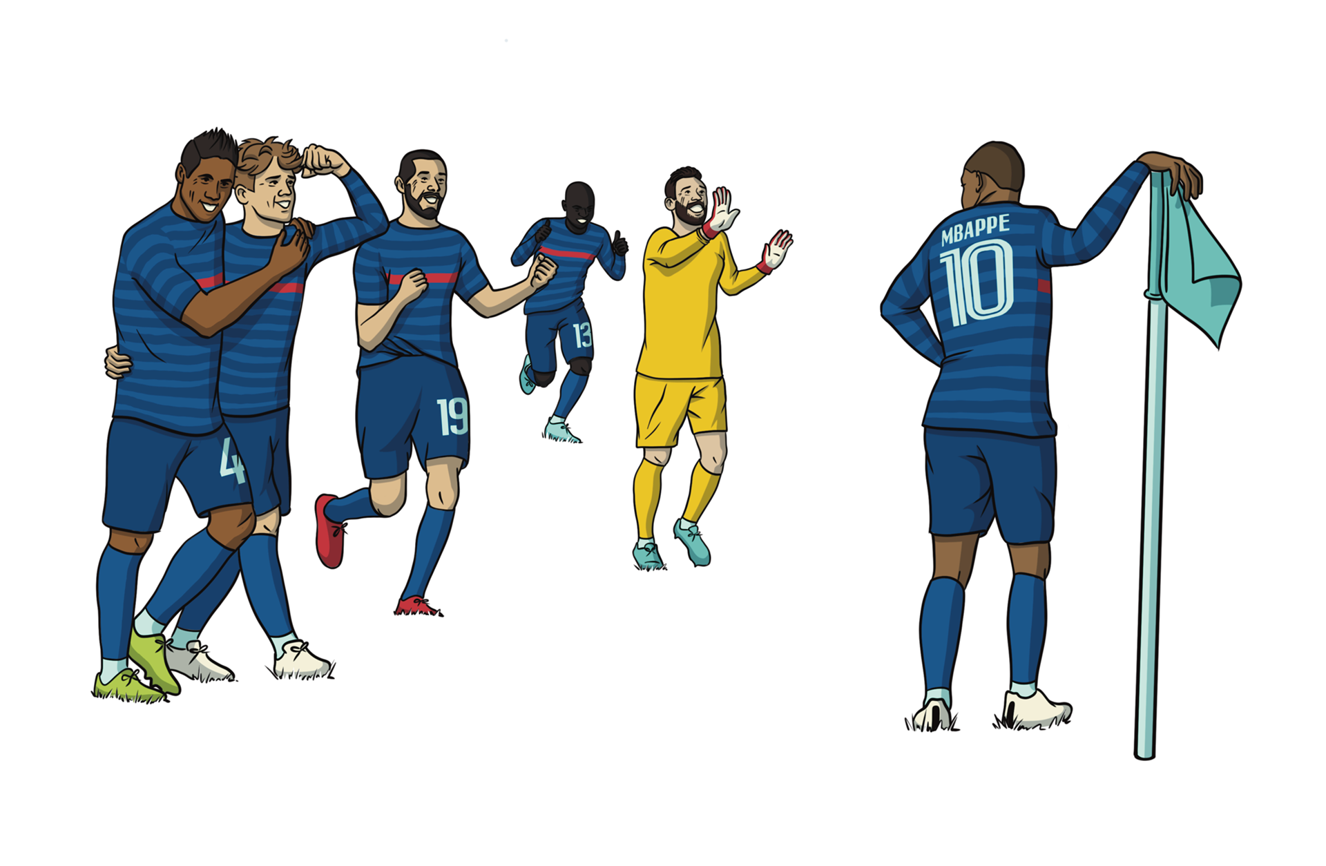 Illustration de joueurs de l'équipe de France de football se préparant pour le match match