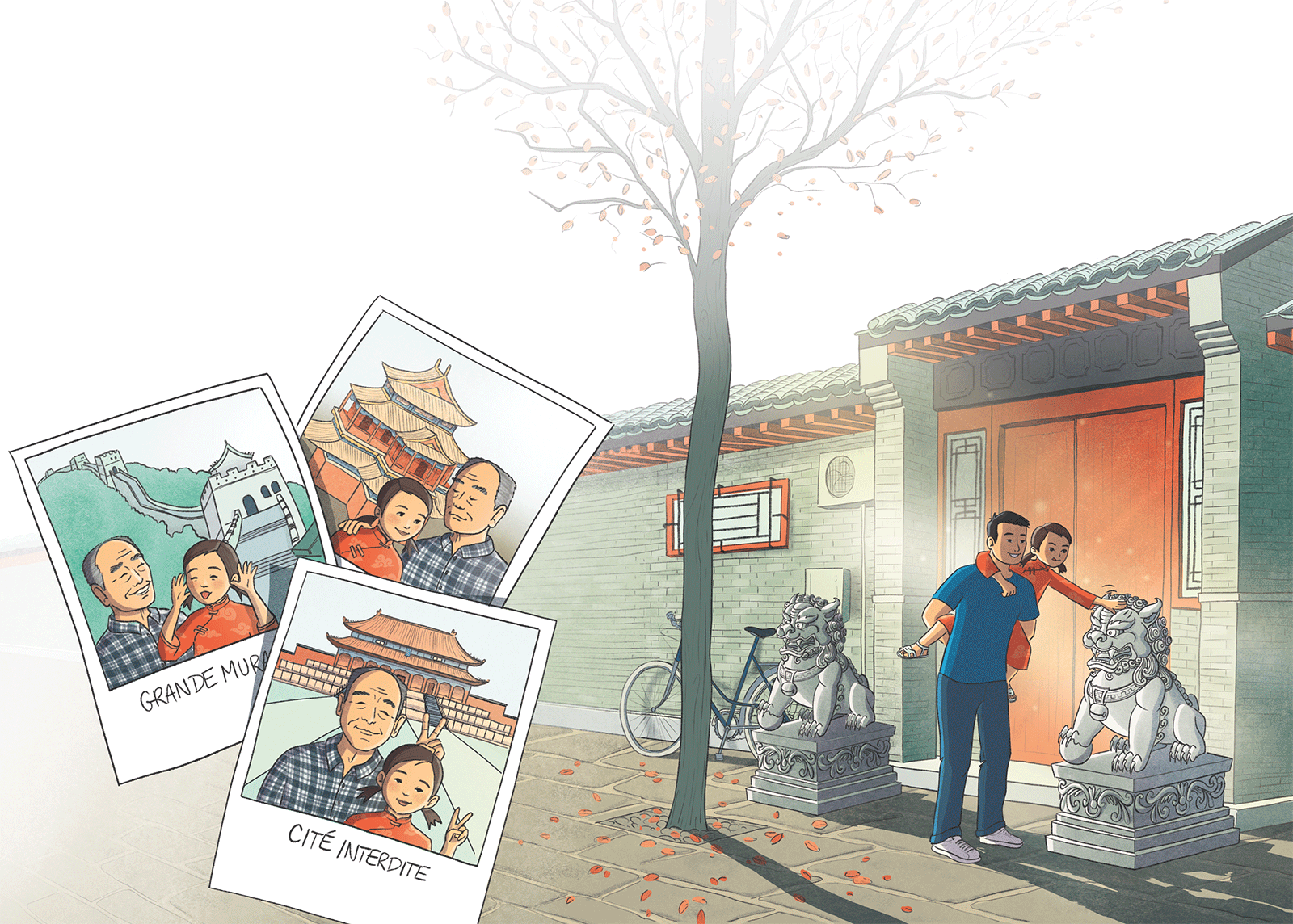 Illustration d'une double page de l'album jeunesse sur la visite de Pékin avec la famille