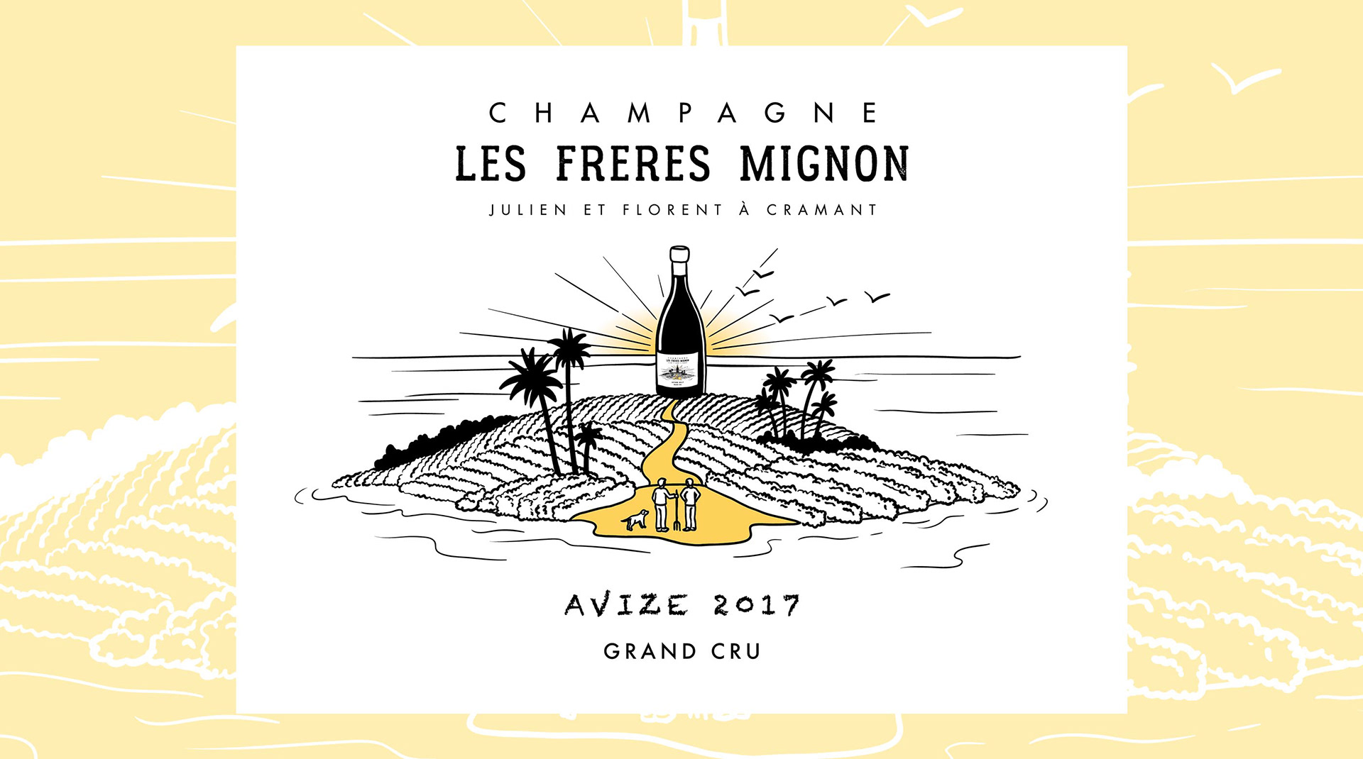 Étiquette d'une bouteille de vin comprenant l'illustration d'une île paradisiaque