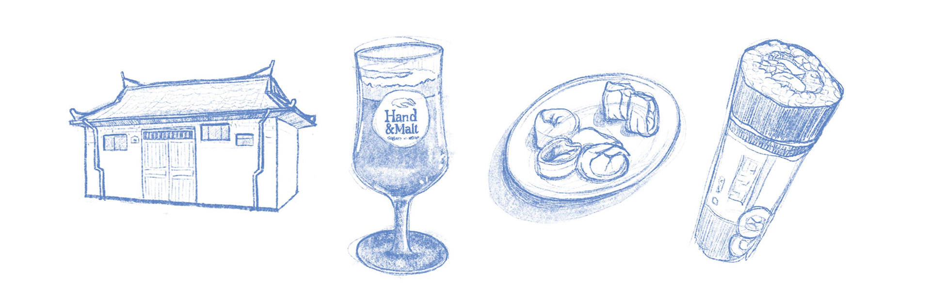 Croquis de vignettes portant de plats, boissons et éléments culturels portant sur la Corée du Sud