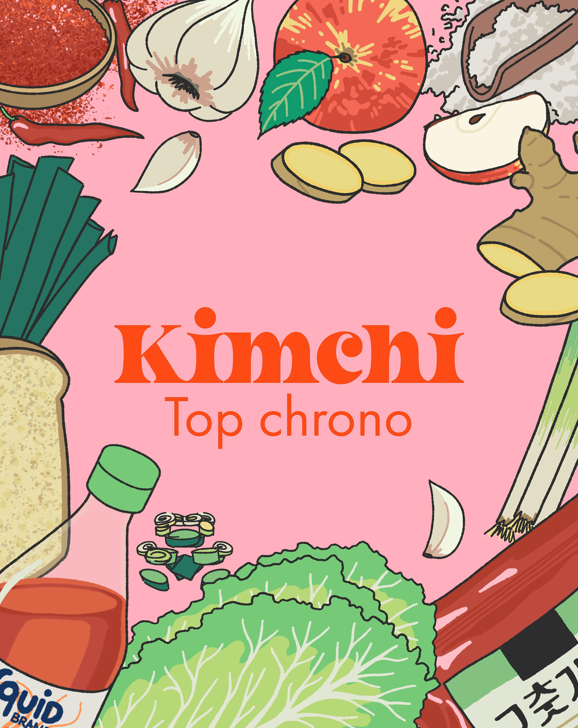 Composition comprenant le titre "Kimchi top chrono" et des illustrations d'ingrédients pour la recette du kimchi