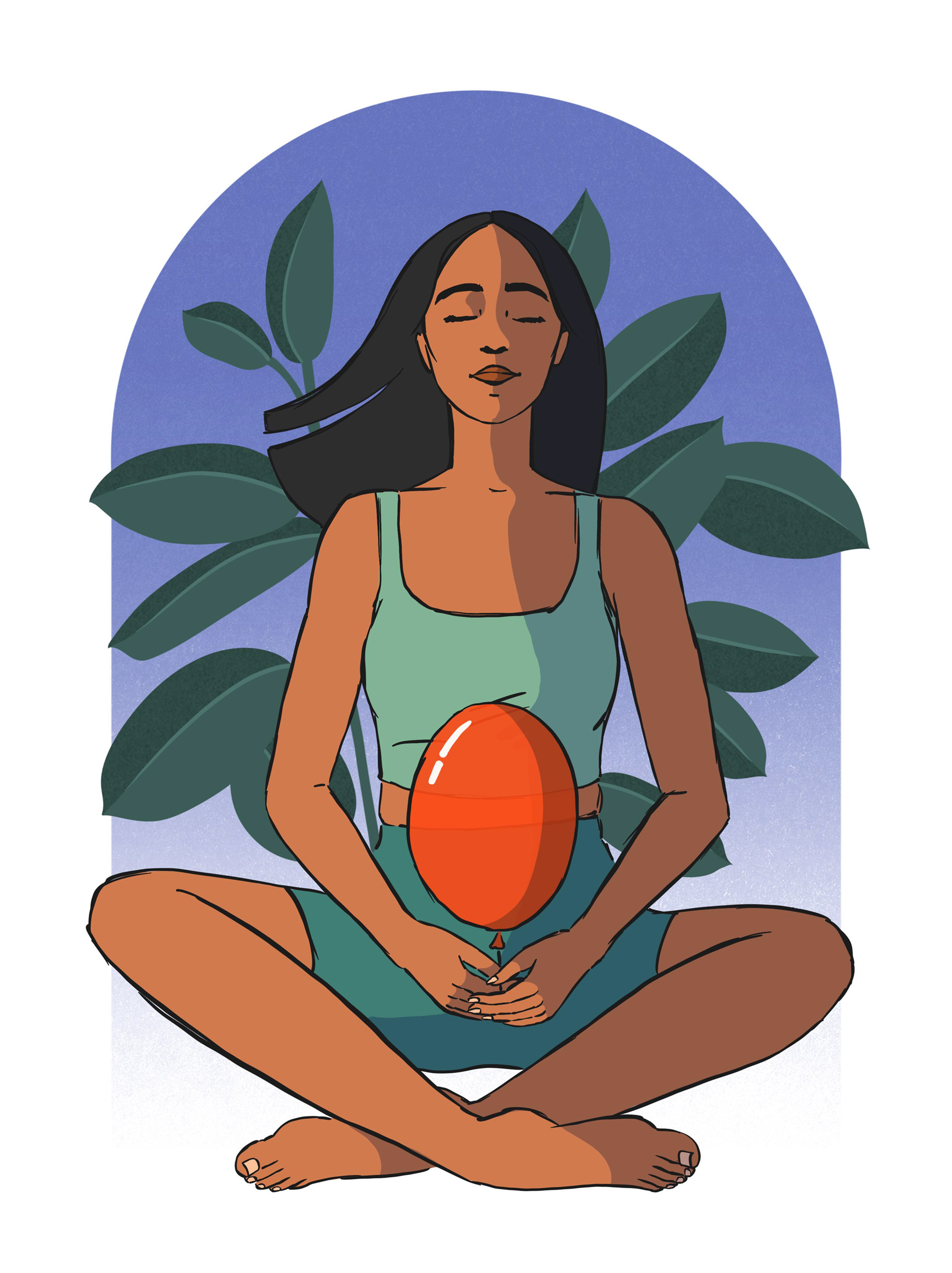 Illustration du concept de respiration abdominale par le dessin d'une femme inspirant de l'air en tenant un ballon gonflé