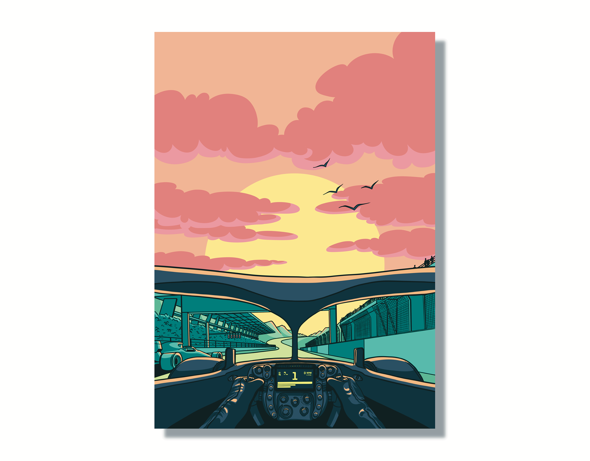 Affiche de formule 1 rétro avec soleil couchant