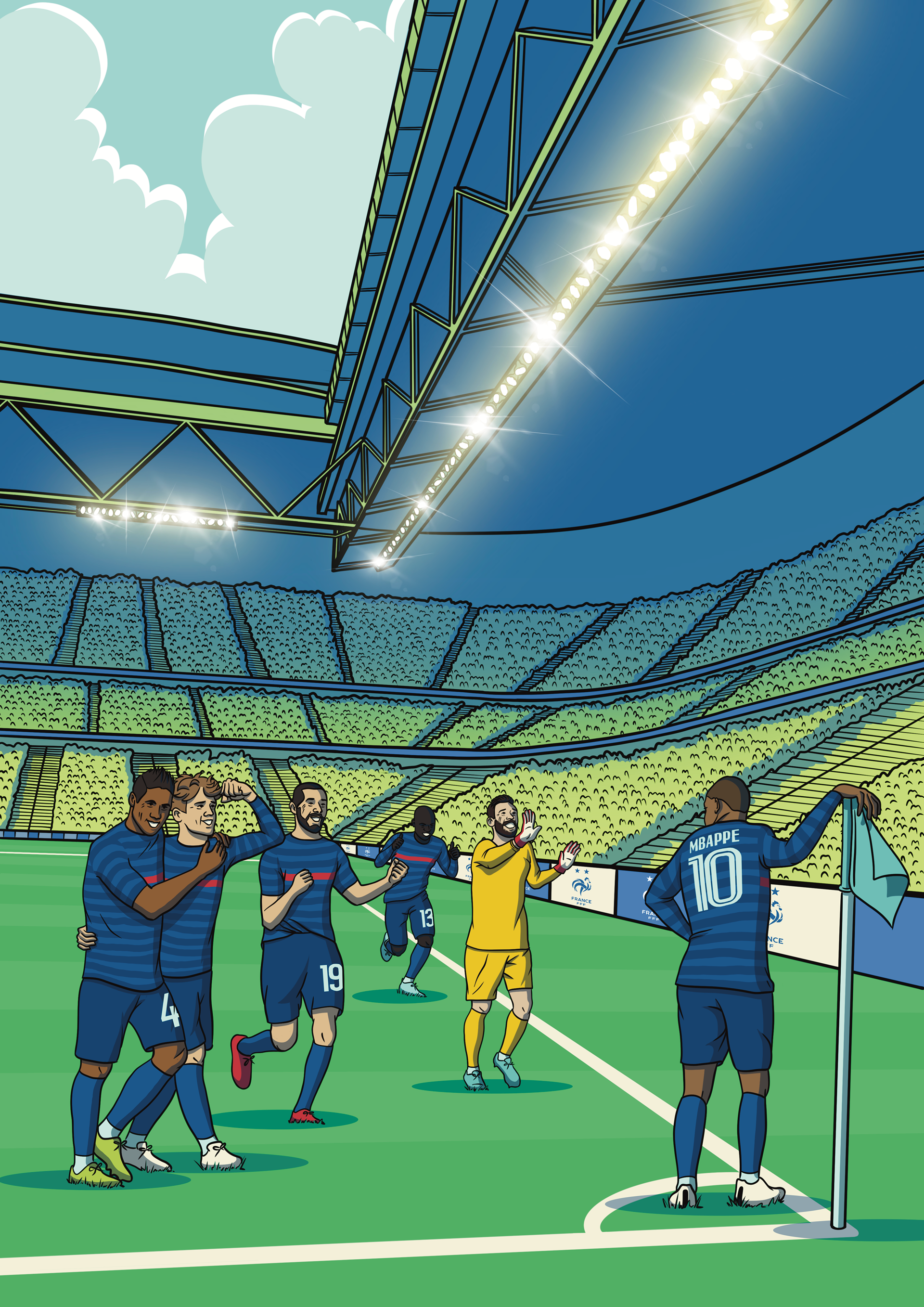 Illustration de joueurs de l'équipe de France de football dans un stade se préparant pour le match match