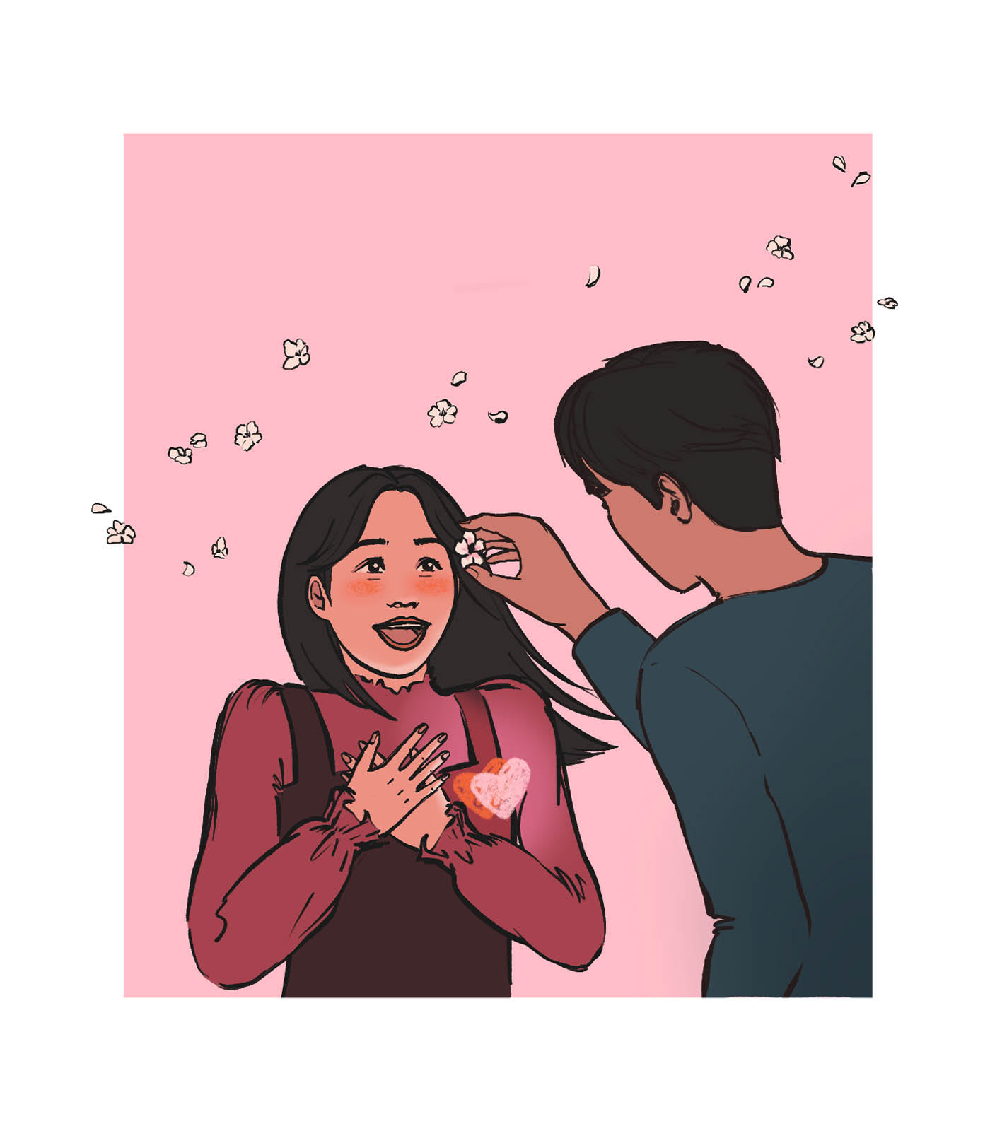 Illustration d'un jeune homme qui retire une fleur des cheveux d'une jeune femme émue par son geste