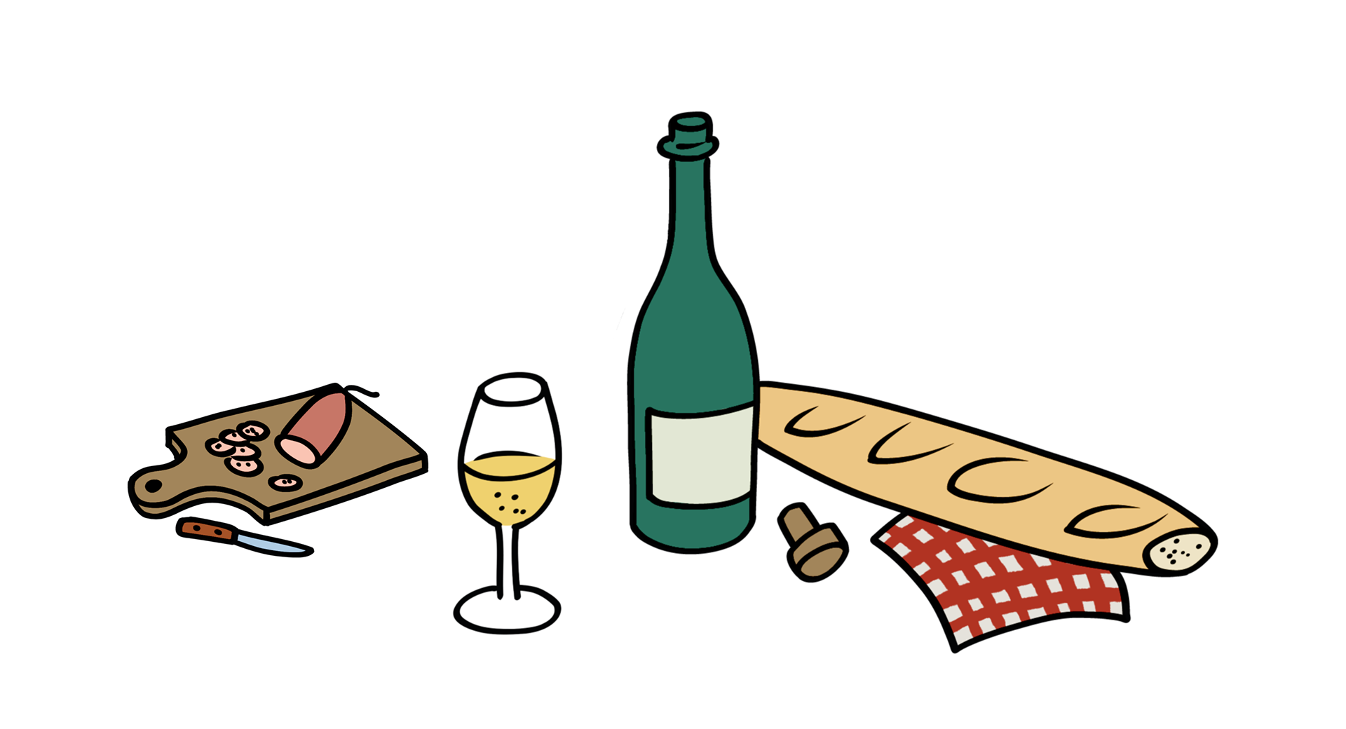 Illustration d'une bouteille et d'un verre de vin, d'une planche de saucisson et d'une baguette de pain