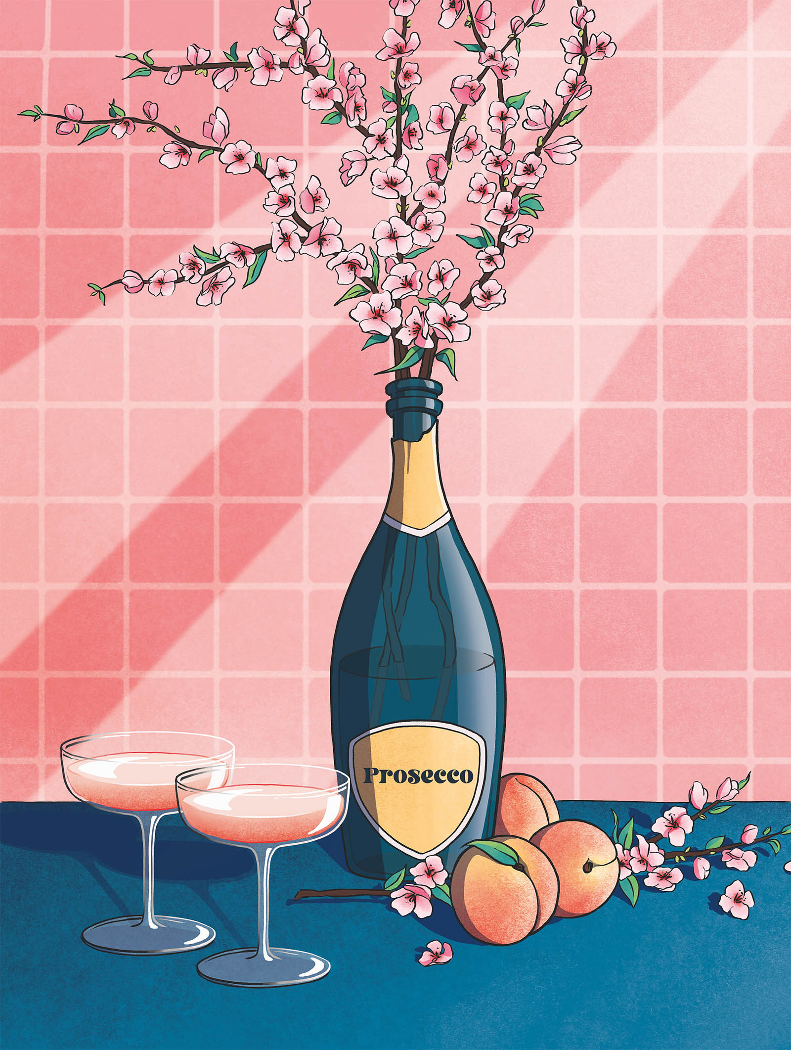 Illustration d'une nature morte sur le thème du cocktail italien bellini