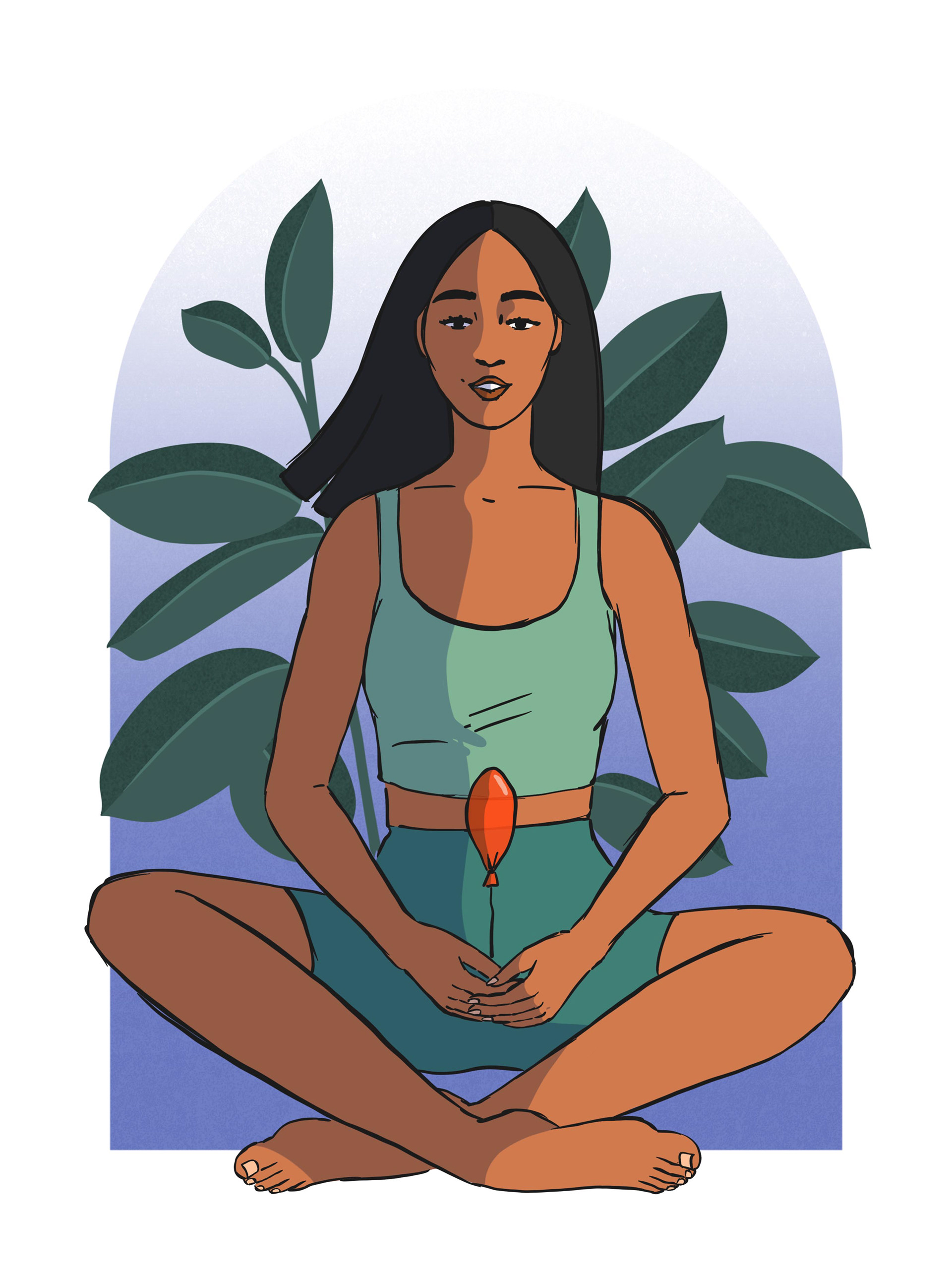 Illustration du concept de respiration abdominale par le dessin d'une femme expirant de l'air en tenant un ballon dégonflé