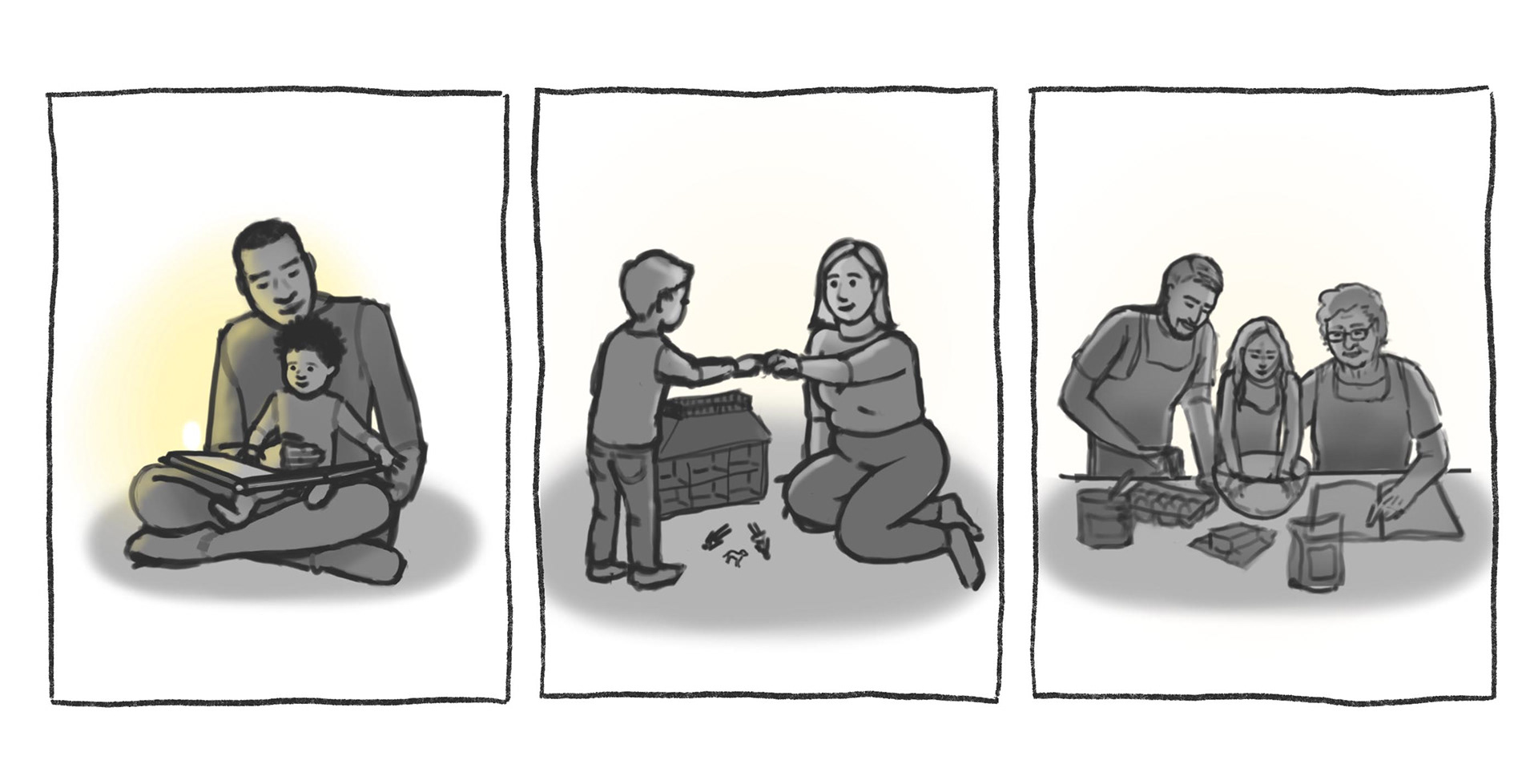 Croquis pour des illustrations pédagogiques servant d'outil de prévention en orthophonie auprès des familles