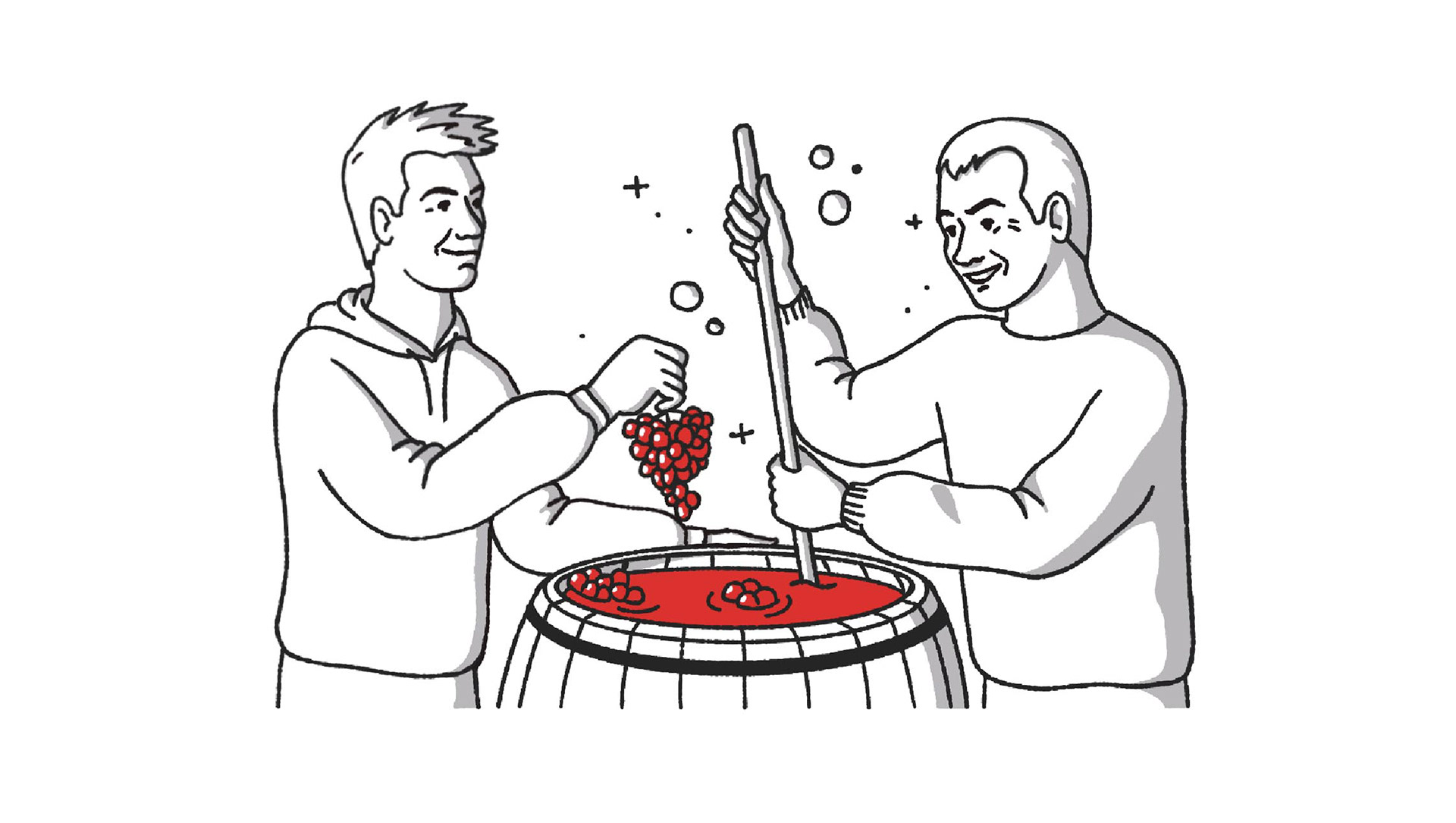 Illustration d'étiquette de vin représentant deux vignerons en train d'expérimenter