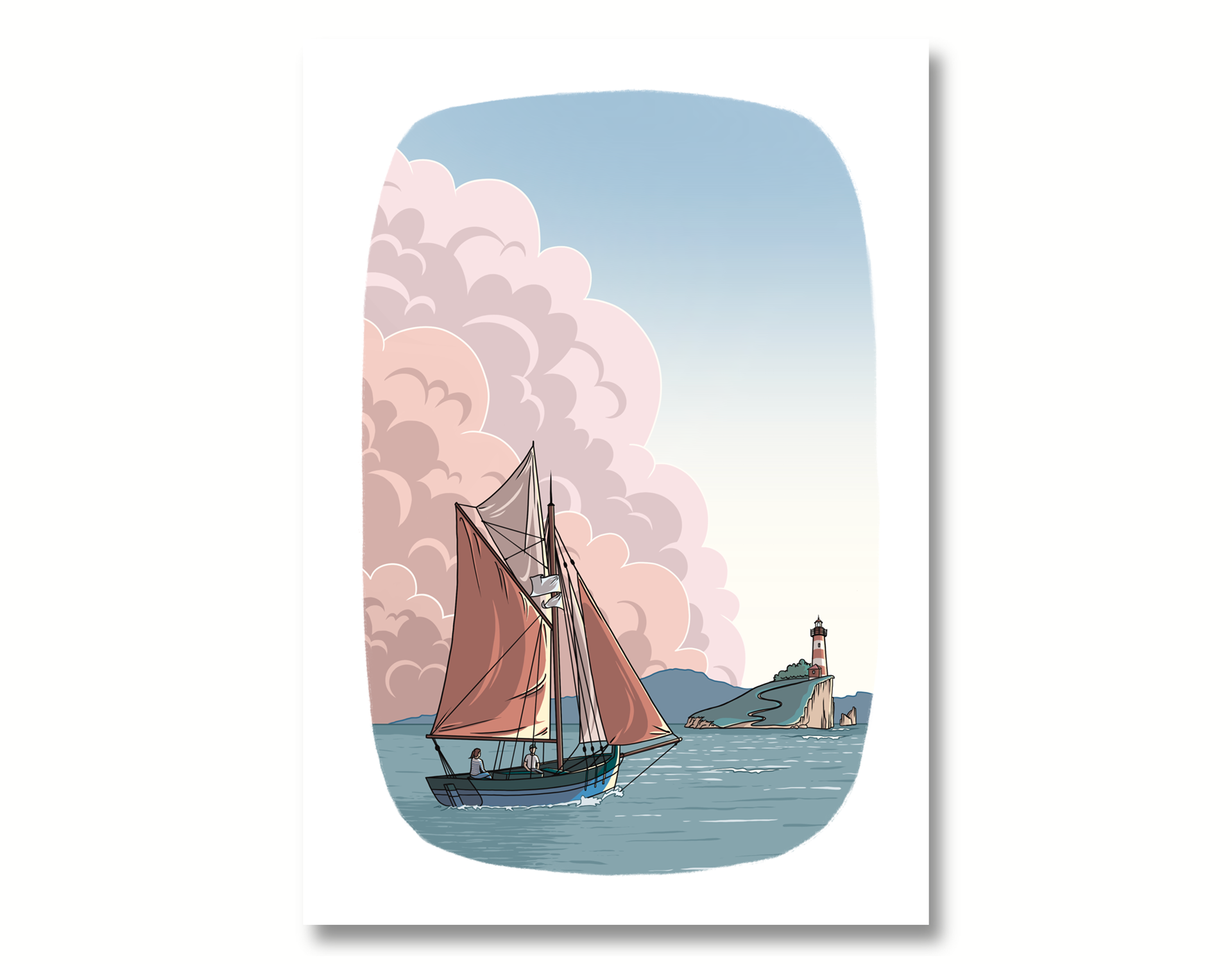Affiche avec une illustration d'un voilier voguant vers une île