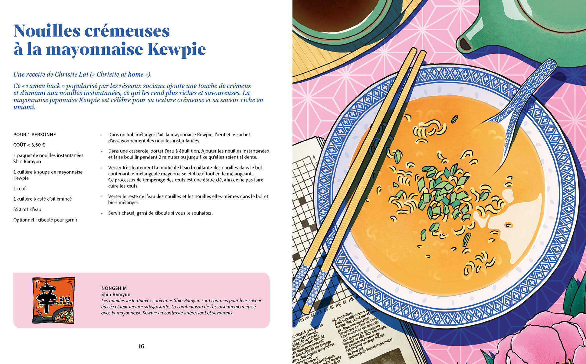 Maquette des pages recette d'un livre de cuisine sur les nouilles instantanées