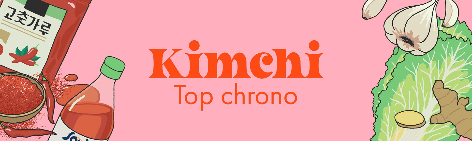 Titre "Kimchi top chrono" et illustrations d'ingrédients de la recette du kimchi