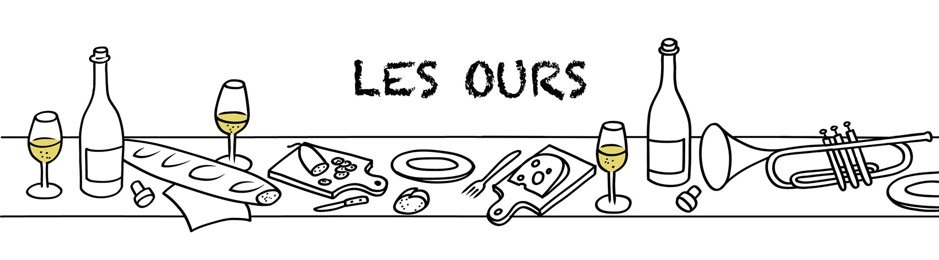Titre "Les Ours", illustration d'une table recouverte d'assiettes, de verres et de bouteilles de vin
