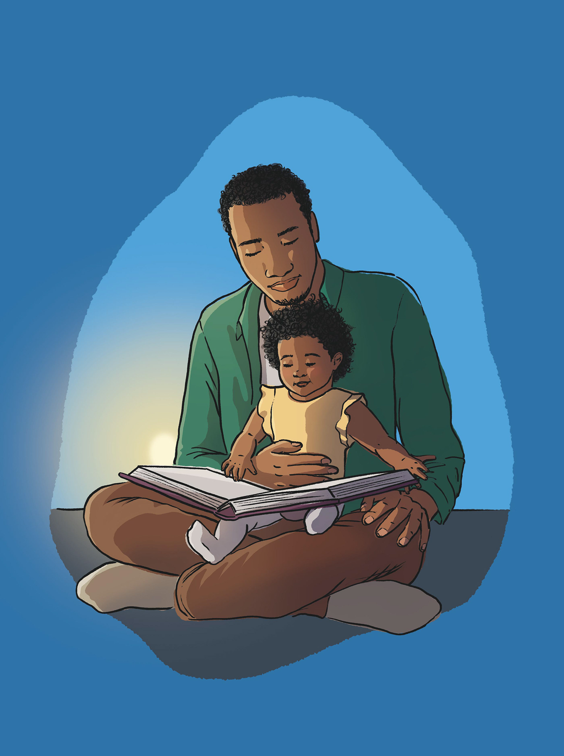 Un père qui fait la lecture à son enfant, dès son plus jeune âge, dans un moment ritualisé, si possible le soir, afin de favoriser le développement du langage oral, puis de la lecture