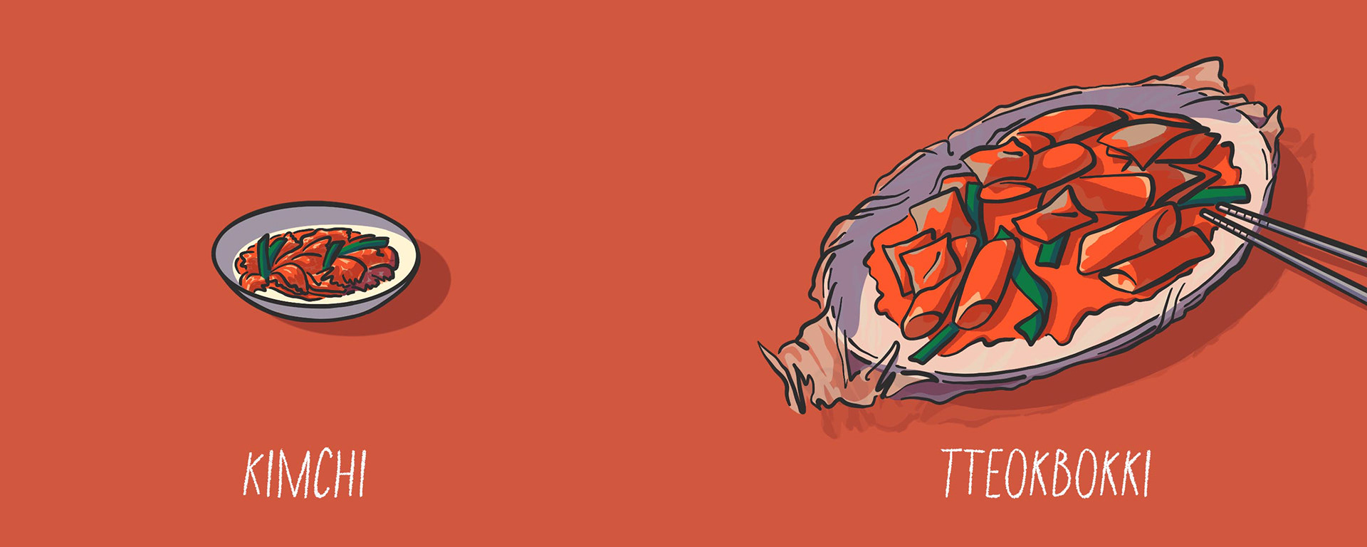 Illustrations de plats sud-coréens: kimchi et tteokbokki