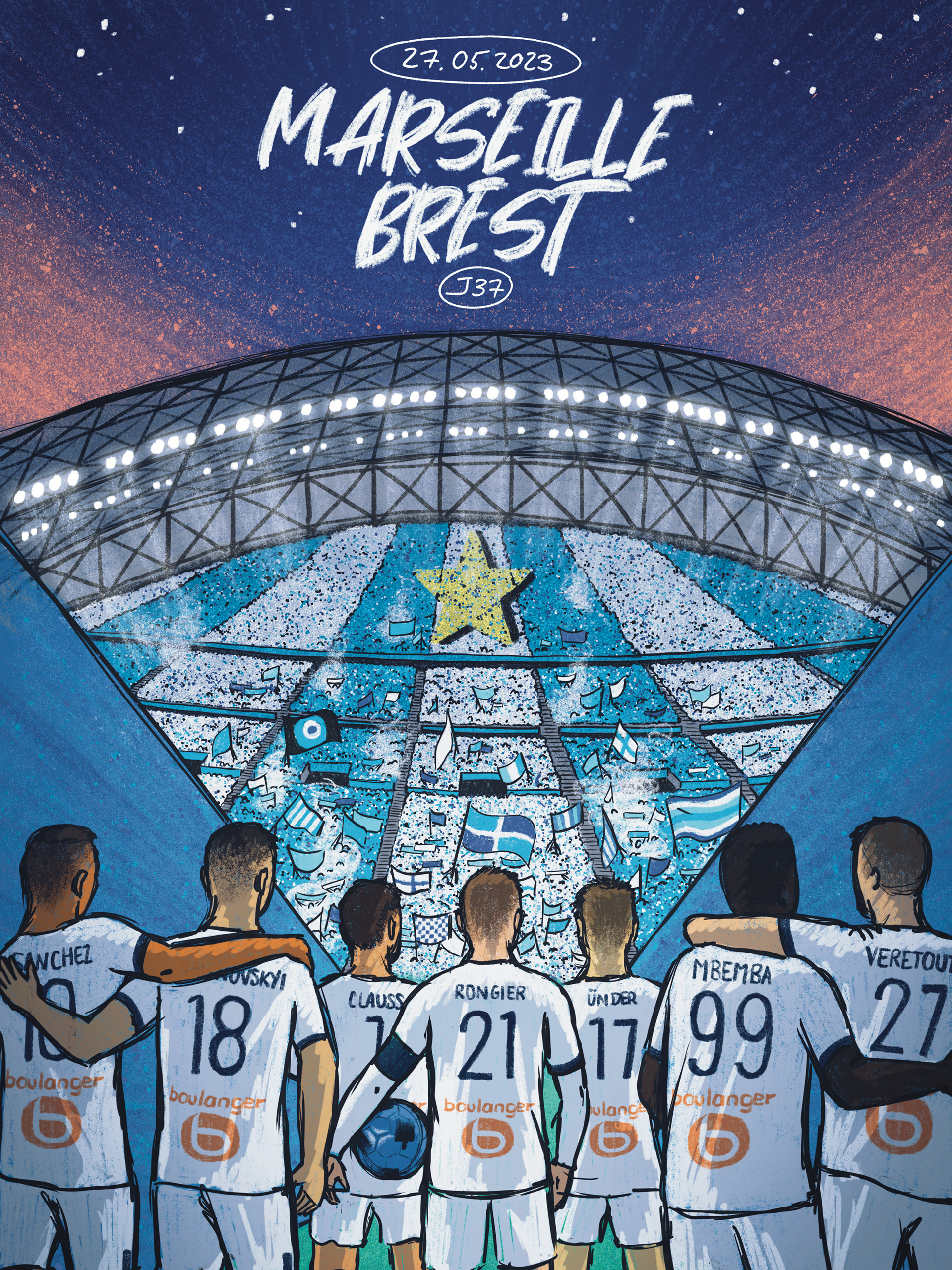 Illustration de joueurs de football entrant dans un stade face aux supporters