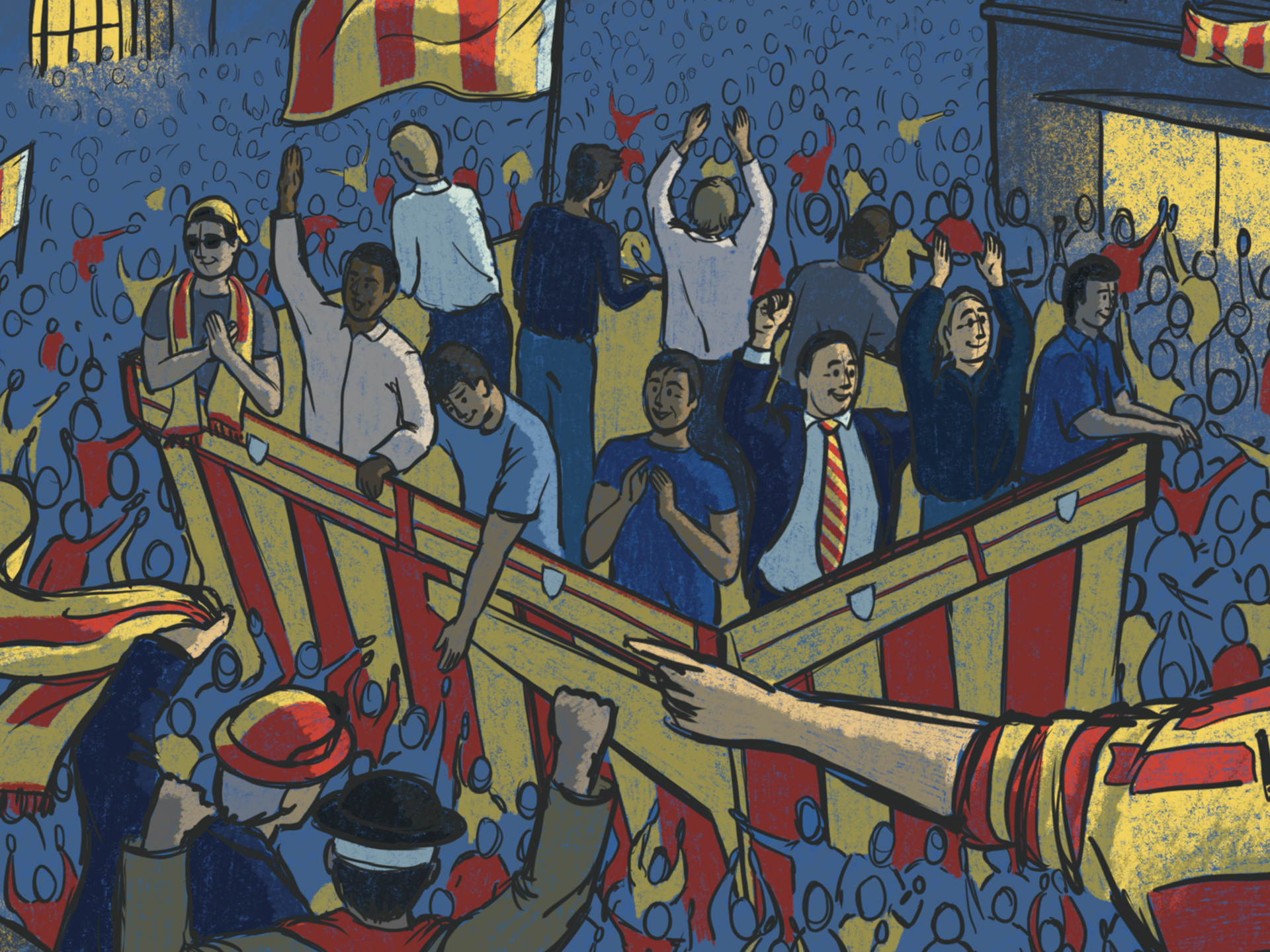 Illustration d'une célébration de victoire du club de football du RC Lens dans une benne rouge et jaune