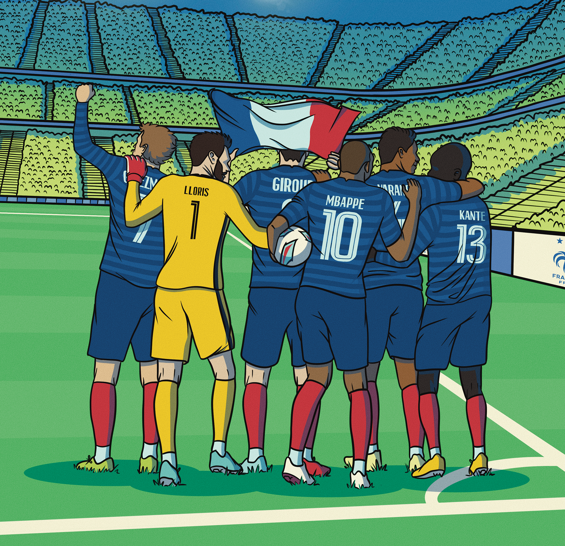 Illustration de joueurs de l'équipe de France de football de dos dans un stade