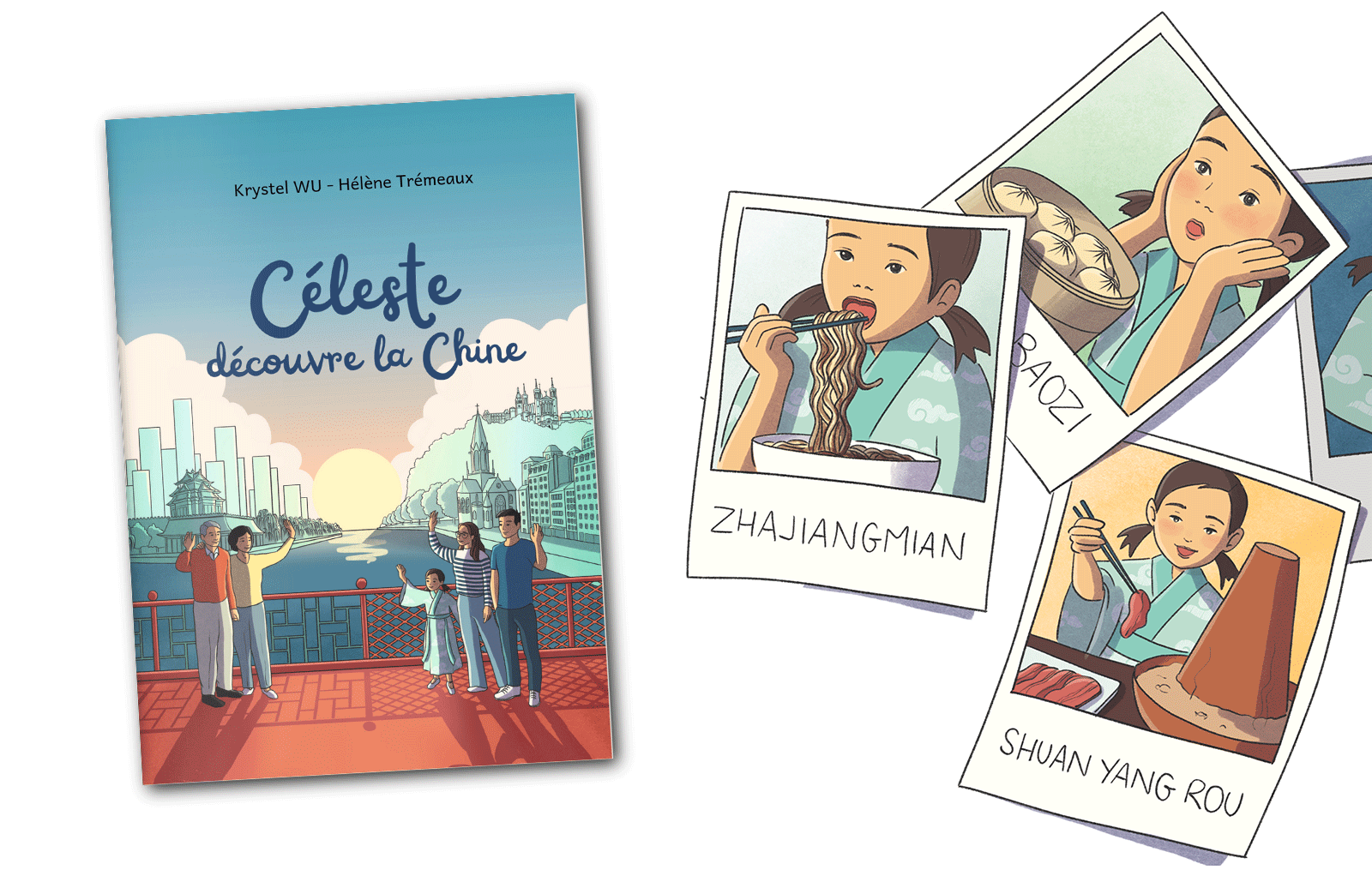 Couverture illustrée de l'album jeunesse et illustration de polaroids