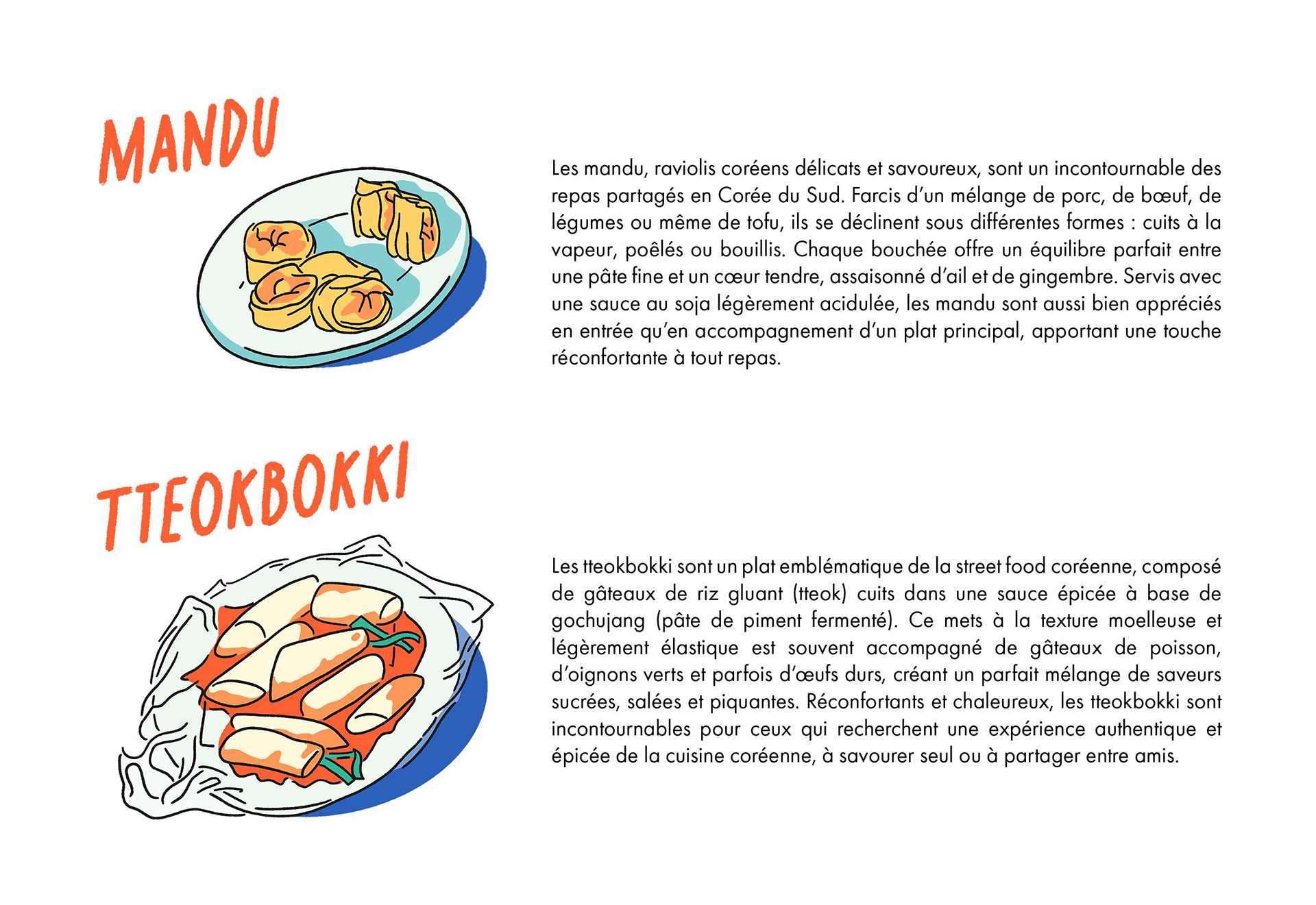 Illustration et descriptions des mandu et des tteokbokki