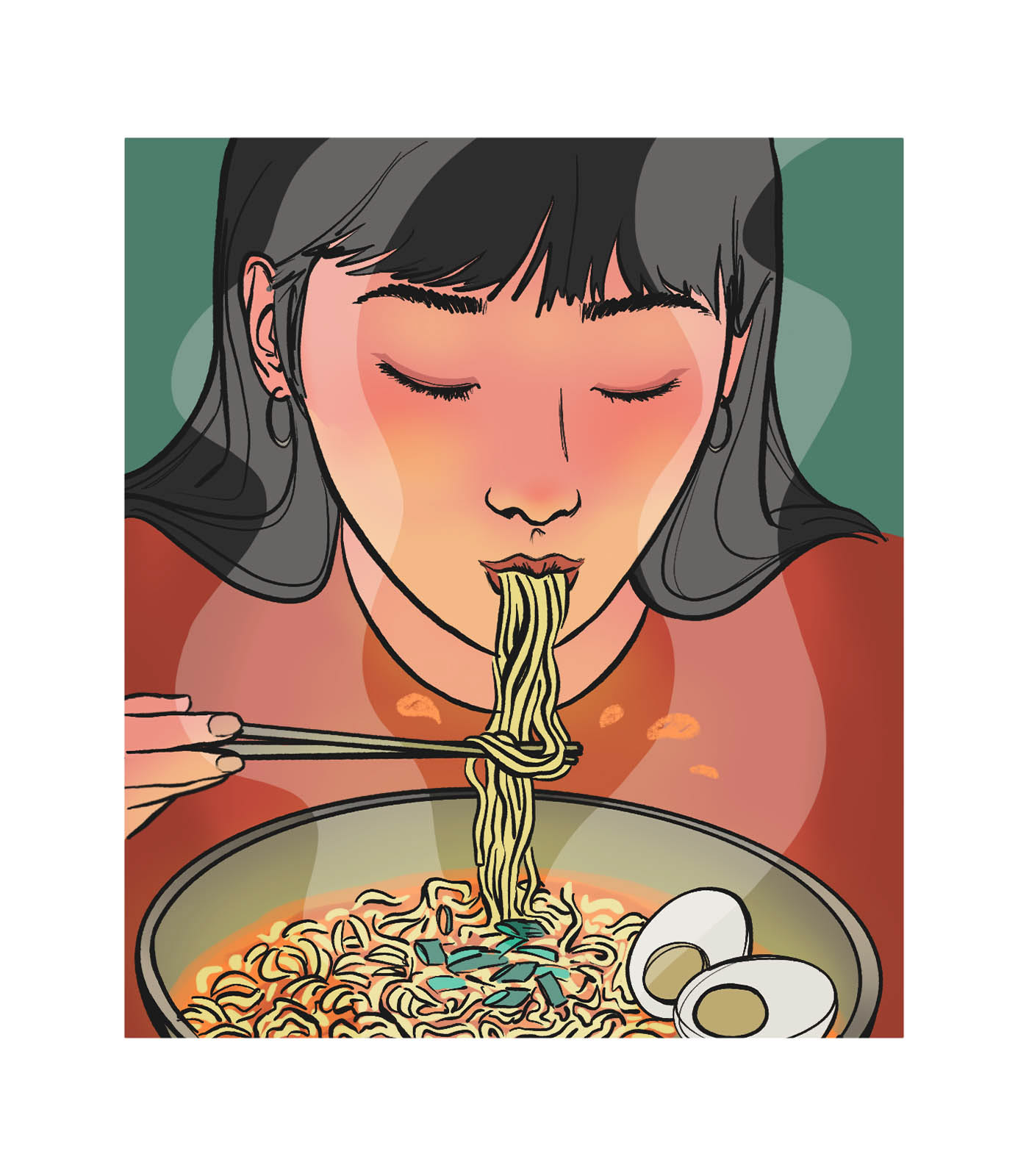 Illustration d'une jeune femme en train de manger un bol de ramen fumant