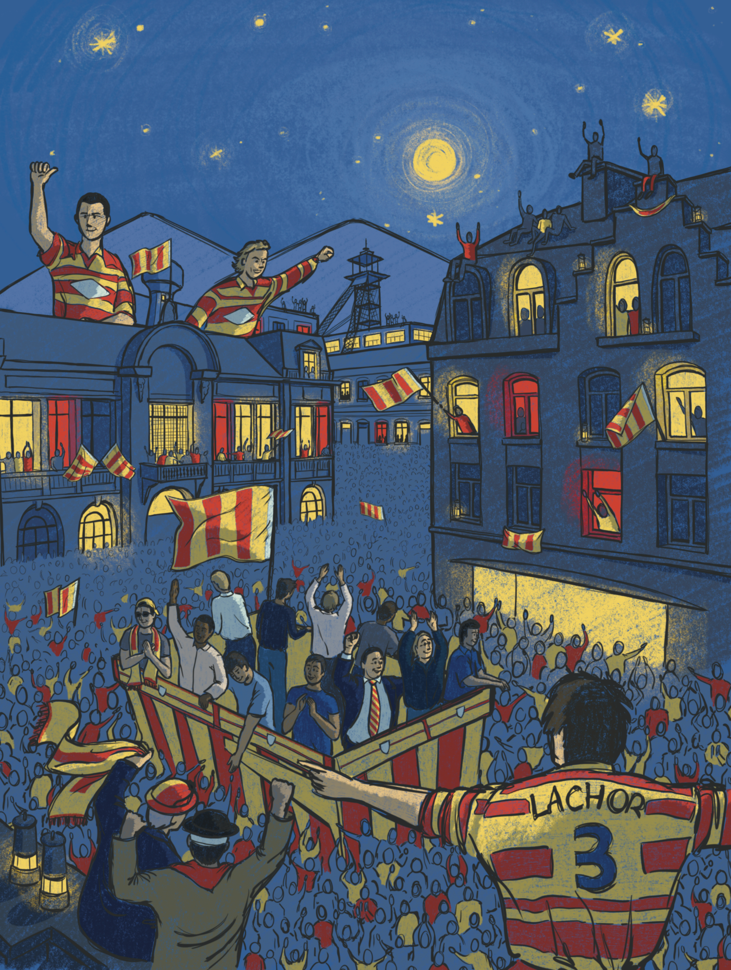 Illustration d'une scène de célébration de victoire du club de football du RC Lens dans les rues de Lens