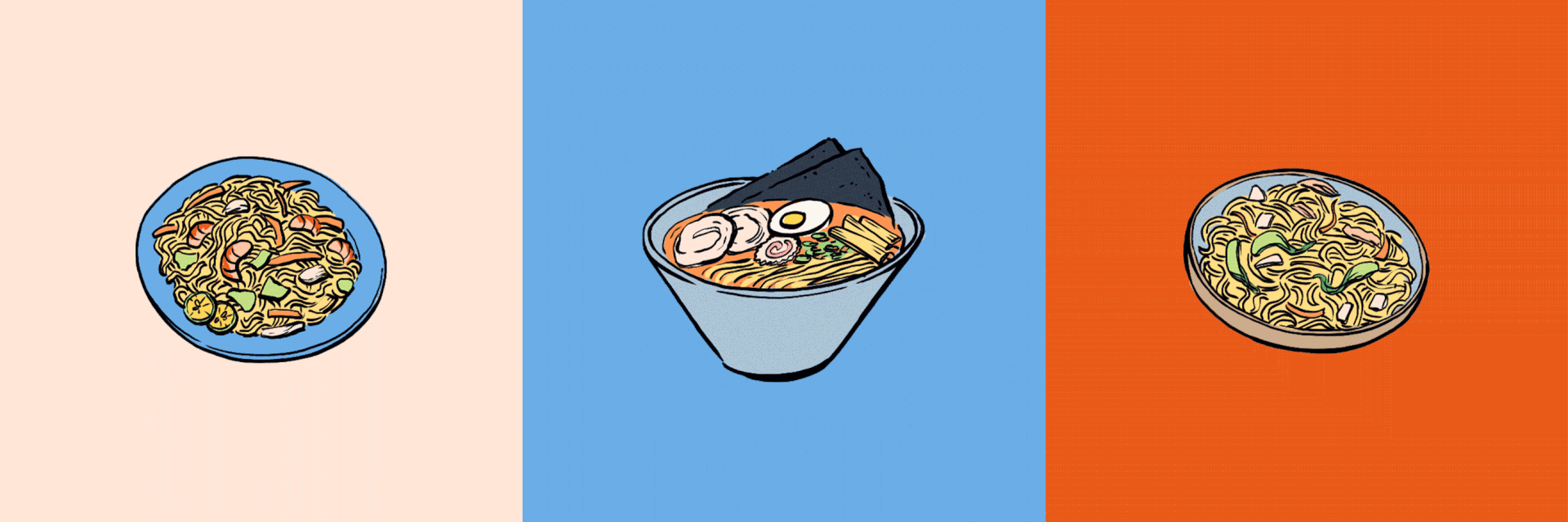 Illustrations des plats de nouilles les plus populaires en Asie