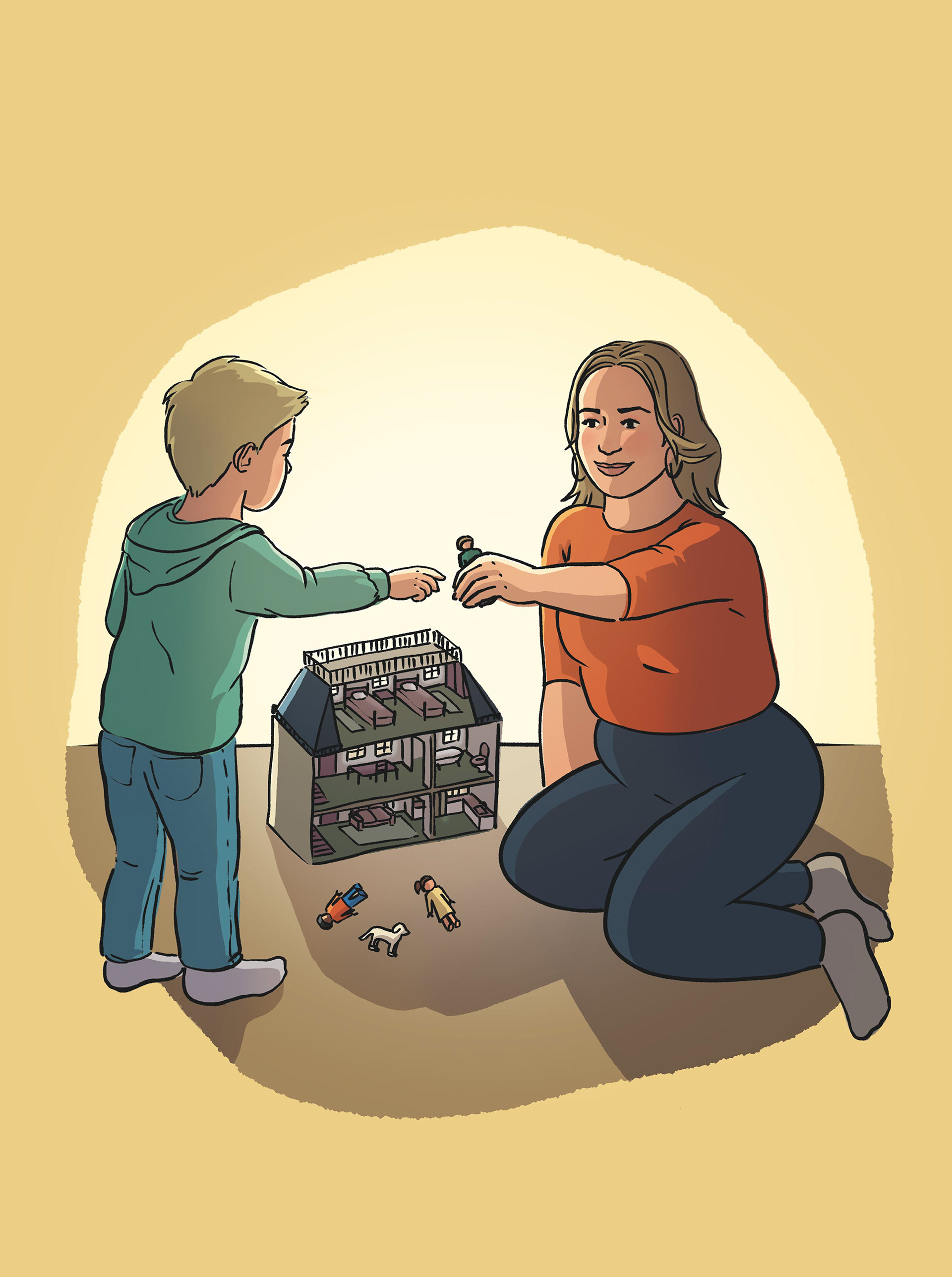 Une mère qui joue avec son fils, dans une position adaptée, afin d’avoir les yeux à la même hauteur que l’enfant, pour l’accompagner dans le développement du langage et de la cognition