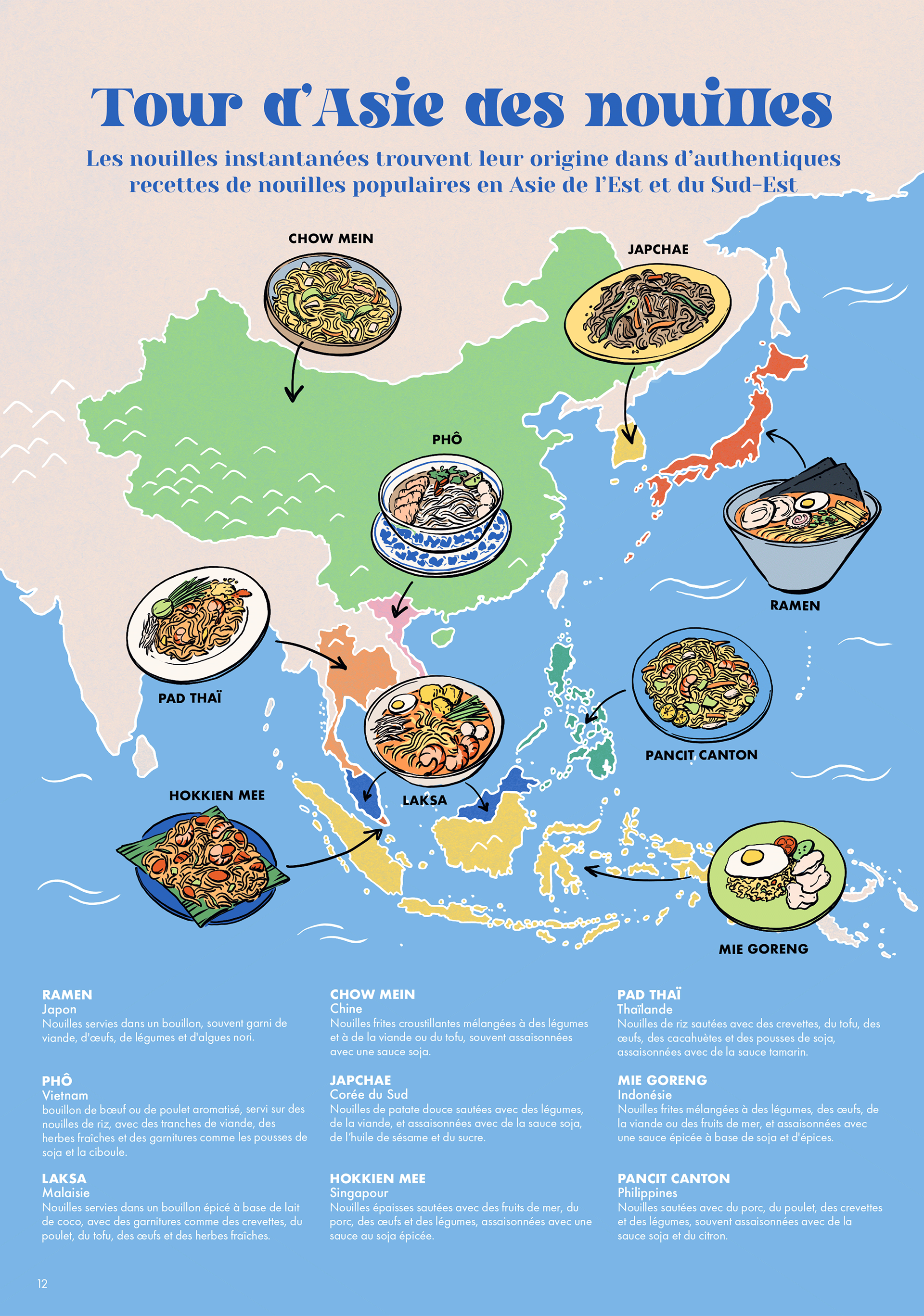 Page d'un livre de cuisine avec une carte illustrée des les plats de nouilles populaires en Asie