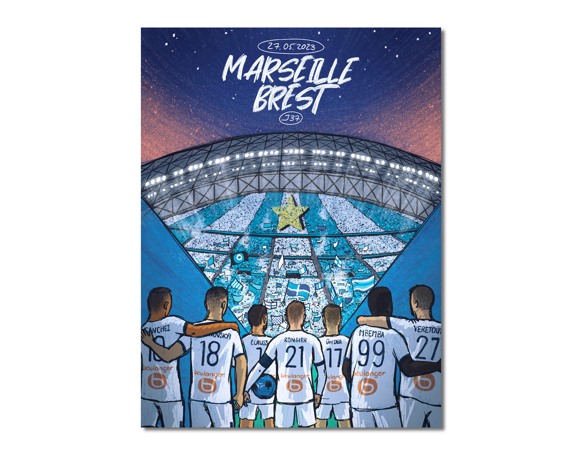 Affiche illustrée pour un match de l'Olympique de Marseille contre le club de Brest