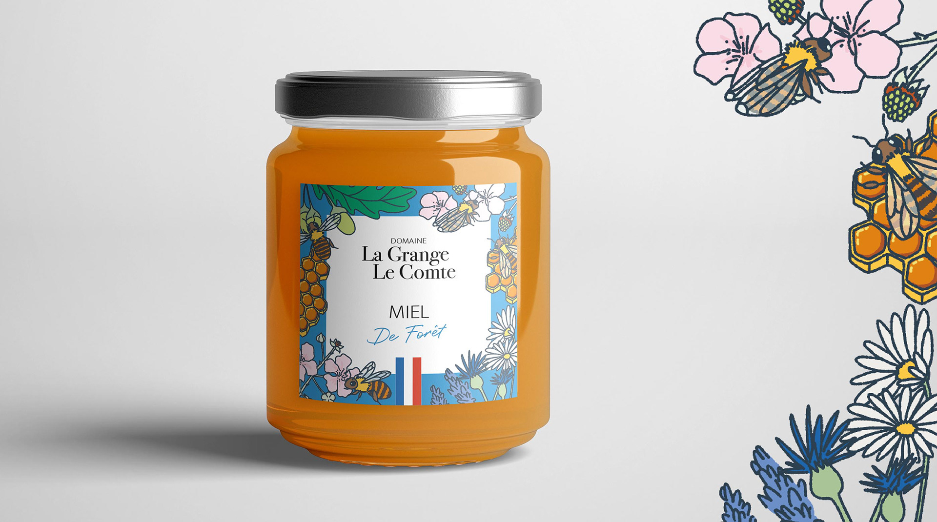 Mockup de packaging avec une étiquette illustrée pour un pot de miel de forêt