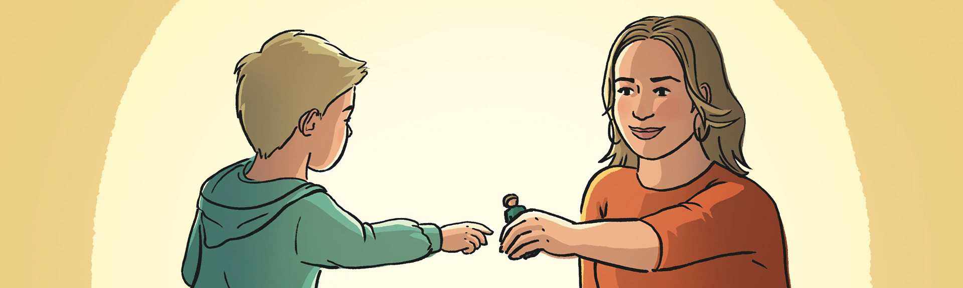 Illustration d'une mère qui tend un jouet à son fils