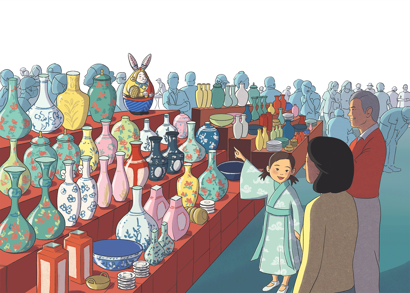 Illustration d'une double page de l'album jeunesse sur la visite d'un marché de céramique à Pékin avec les grands parents