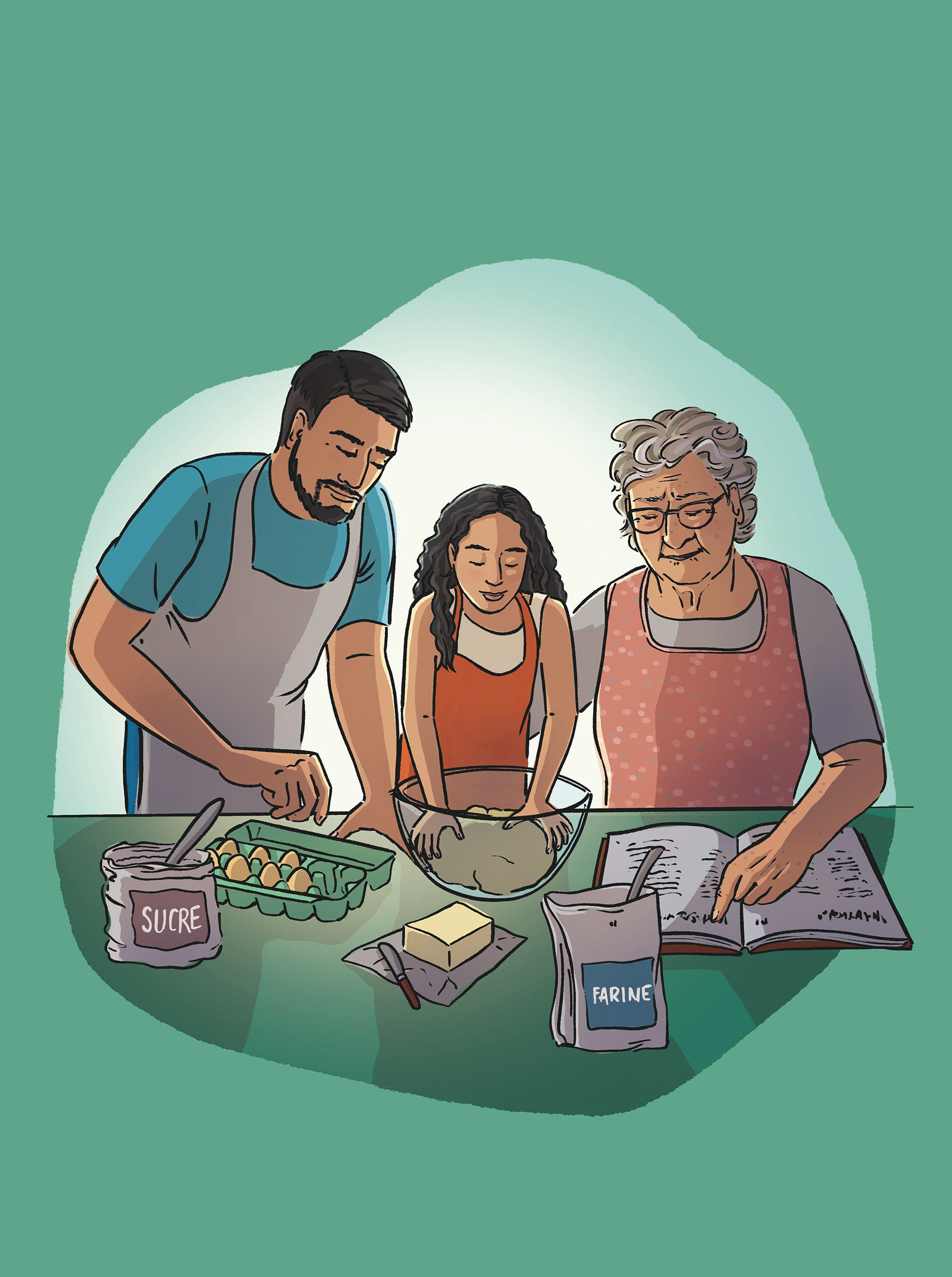 Un père, une grand-mère, et une petite fille, font de la pâtisserie ensemble, afin de véhiculer d’une part l’importance de salir les mains et de participer aux temps de préparation des repas pour l’enfant, et d’autre part l’importance de conserver une activité de type cuisine, qui sollicite la mémoire, pour la personne âgée