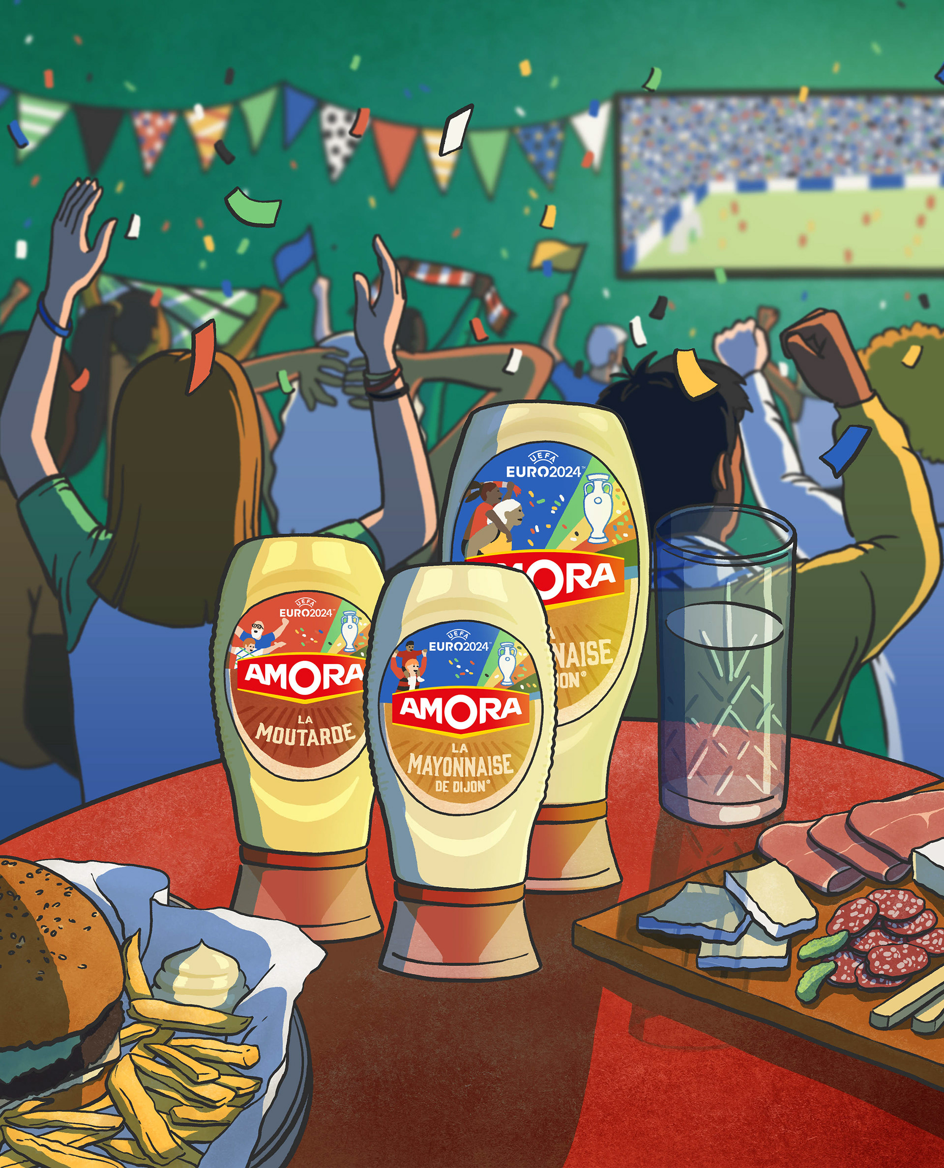 Illustration publicitaire montrant les flacons souples Amora posés sur une table de restaurant où un match de l'Euro 2024 est diffusé