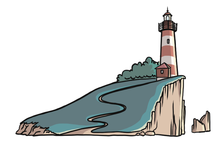 Illustration d'une île avec un phare rouge et blanc