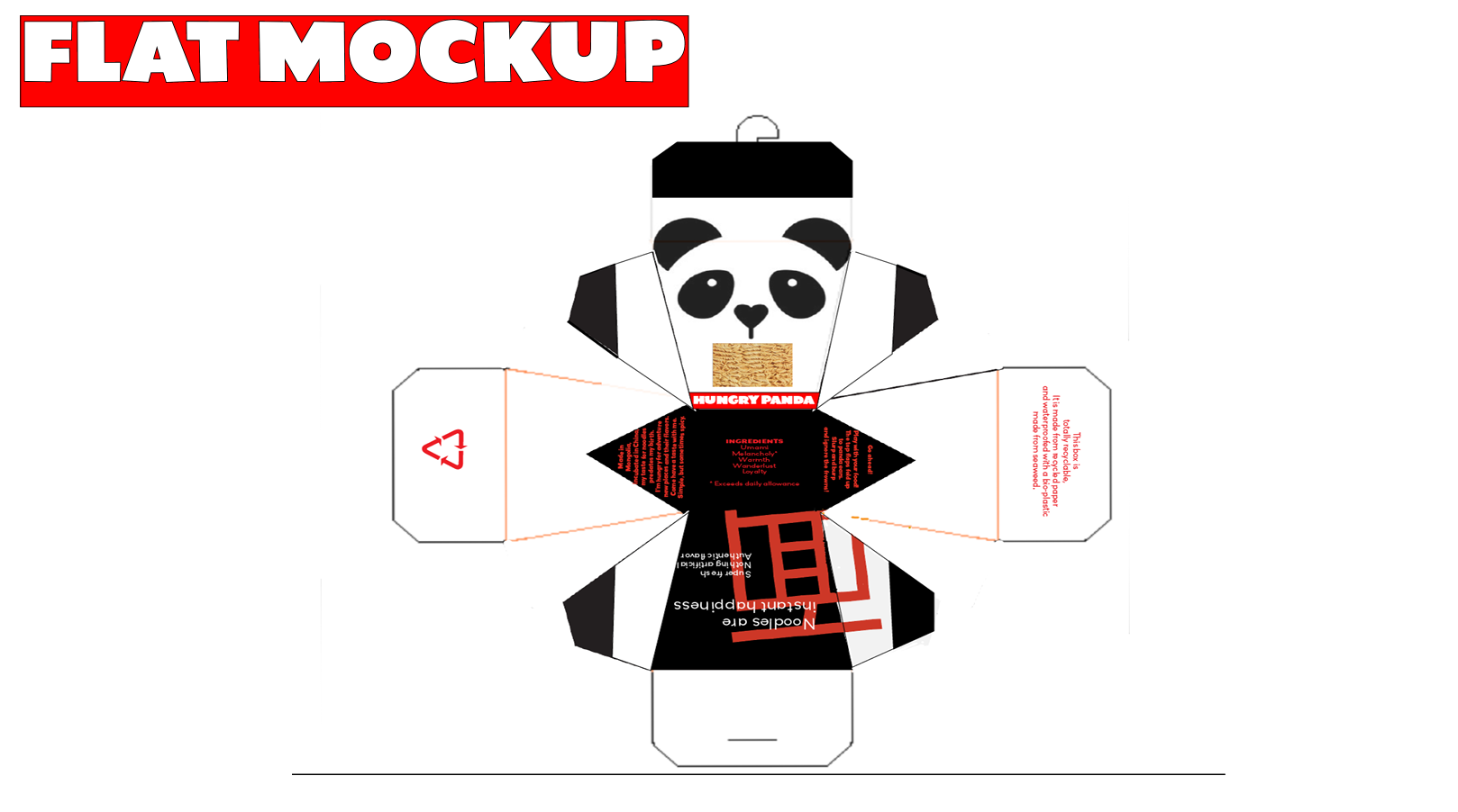 Flat dieline of the Hungry Panda noodle package displaying the complete package layout before assembly, including branding, graphics, fold lines, and the die-cut window.