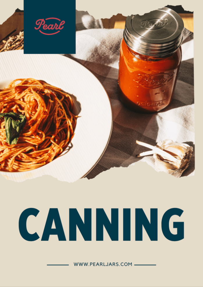 Book cover titled "Canning" featuring a glass mason jar filled with tomato sauce beside a plate of spaghetti and garlic.