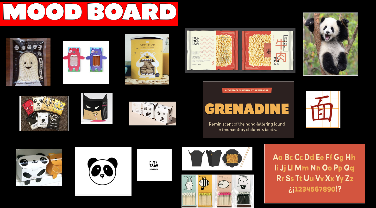 Mood board featuring inspiration for the Hungry Panda brand, including noodle bowls, Asian packaging, panda imagery, playful typography, and a red, black, and white color palette.