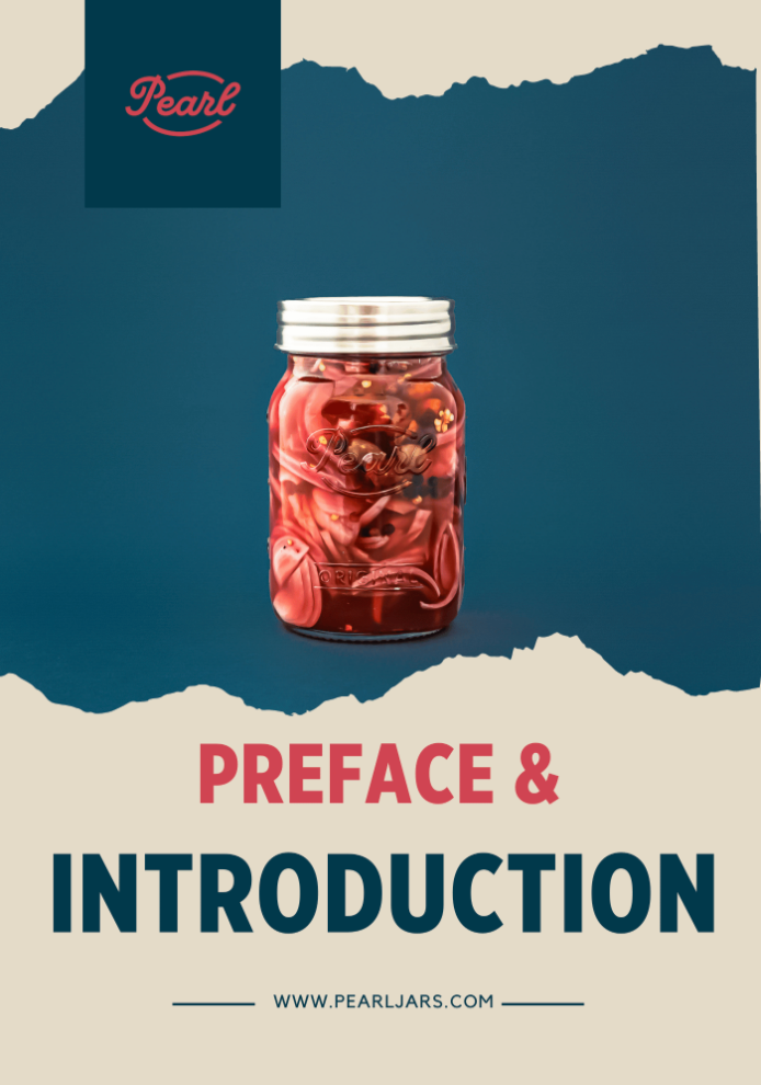 Book cover titled "Preface & Introduction" featuring a glass mason jar filled with pickled red onions on a blue background.