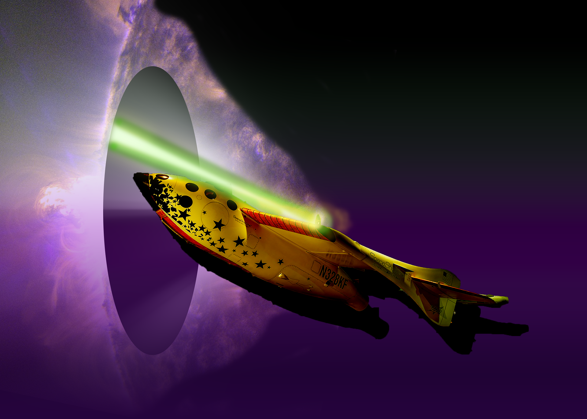 Photoshop - created light/laser beams, created hole, masking, lighting of spaceship