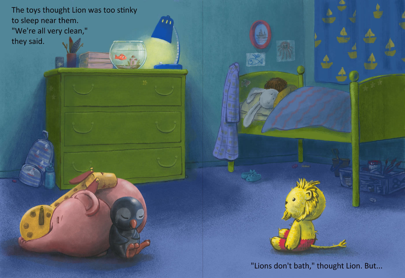 Child's bedroom at night, with toys on the floor, a goldfish in a bowl, and a child sleeping in bed