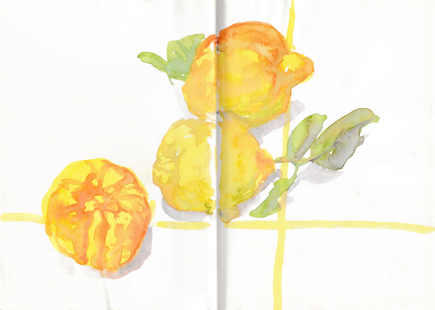 Watercolour painting of lemons on a tiled floor