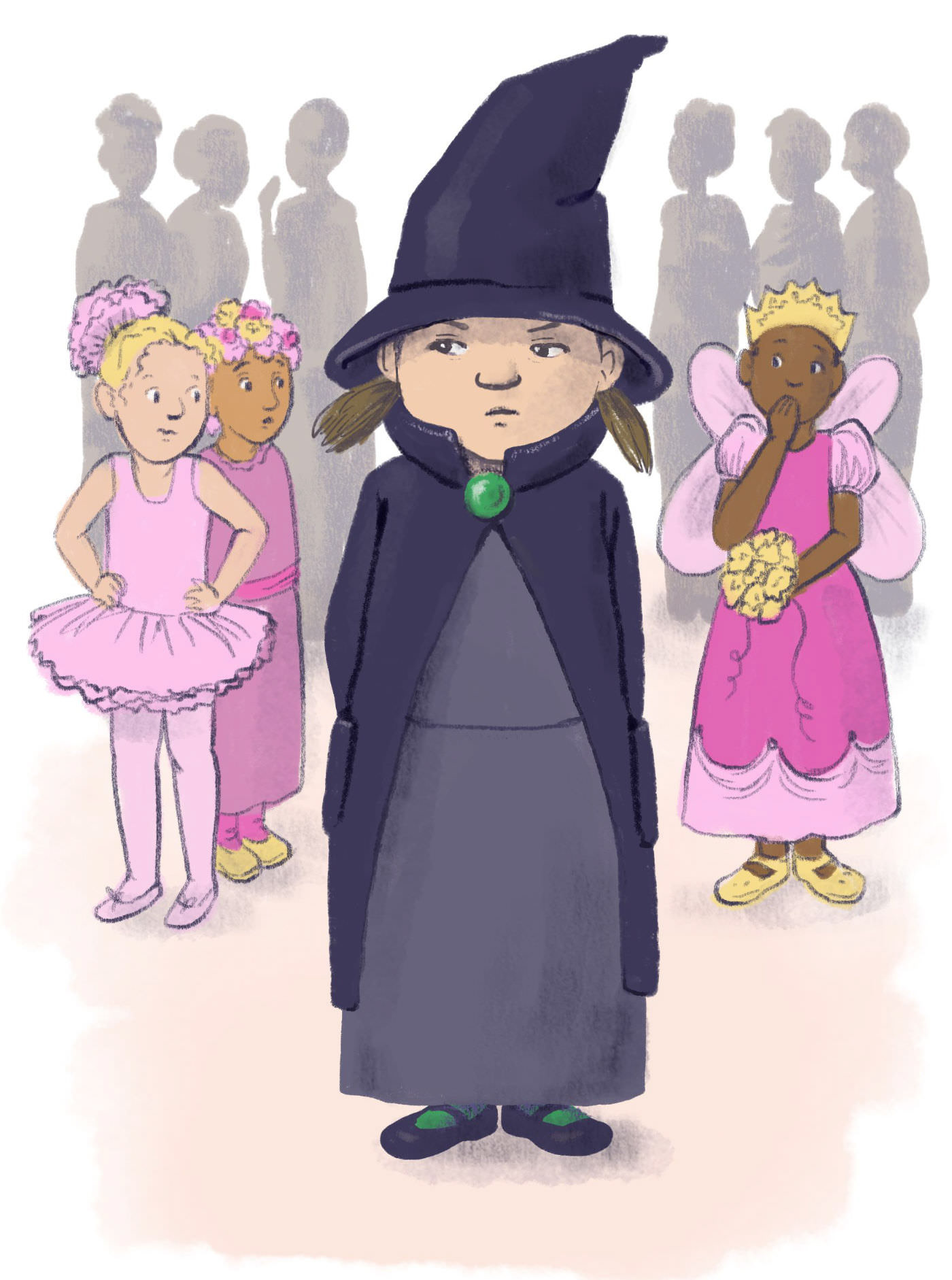 A young girl in a witch costume at a party, surrounded by other girls in fairy costumes. Silhouettes of adults in the background