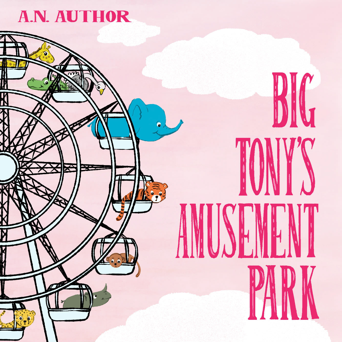 Baby animals on a ferris wheel, against a pink sky