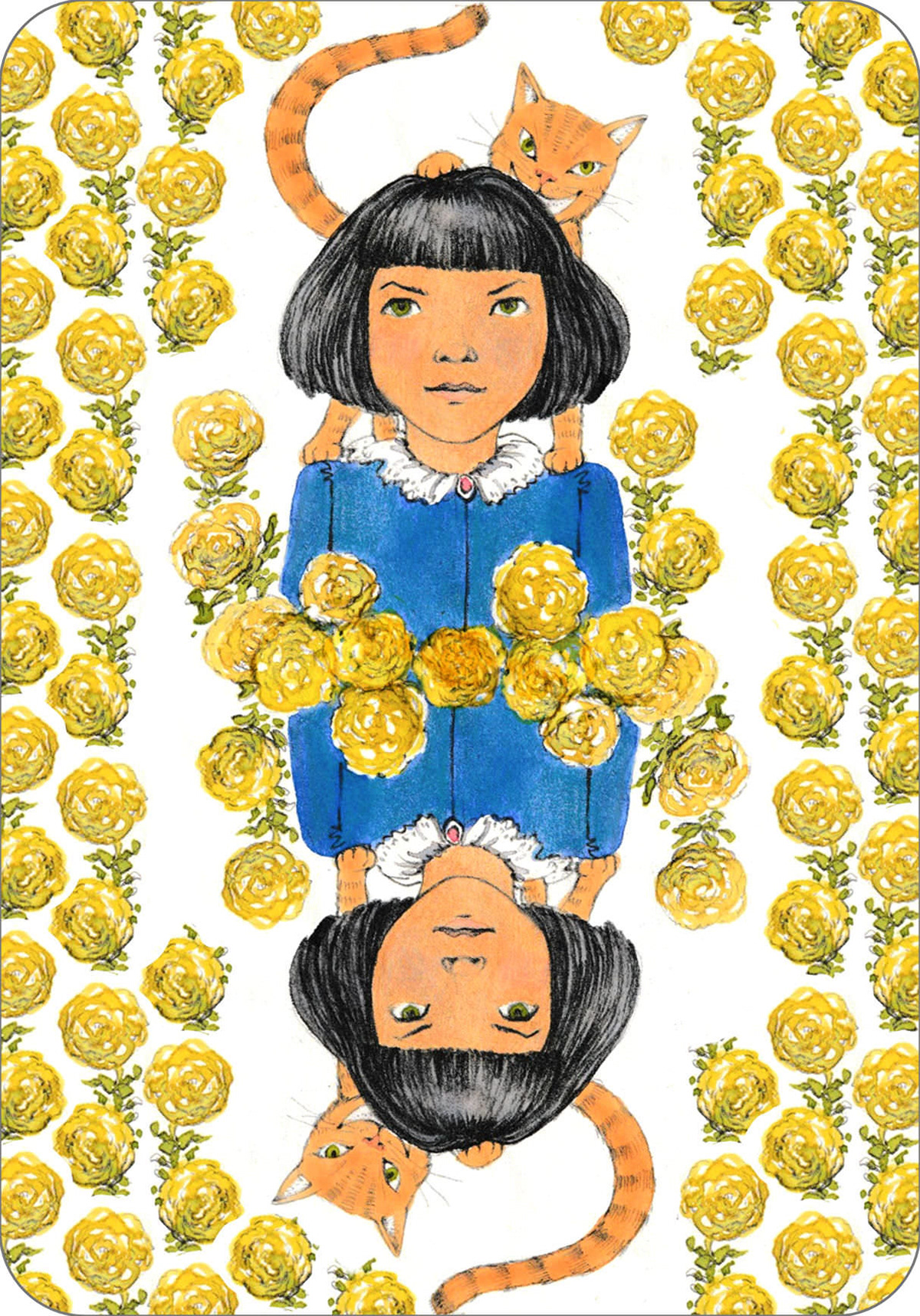 A grinning cat stands on the shoulders of a girl in a blue dress. The image is reflected vertically, inside a border pattern of yellow roses