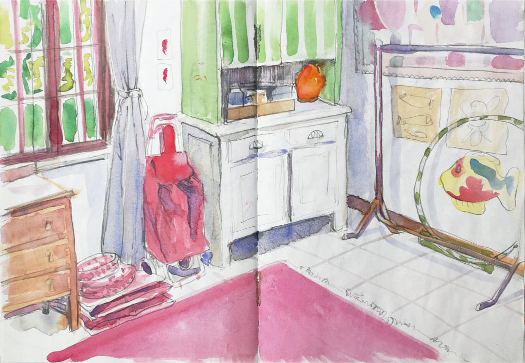Watercolour and pencil drawing of a corner of a room